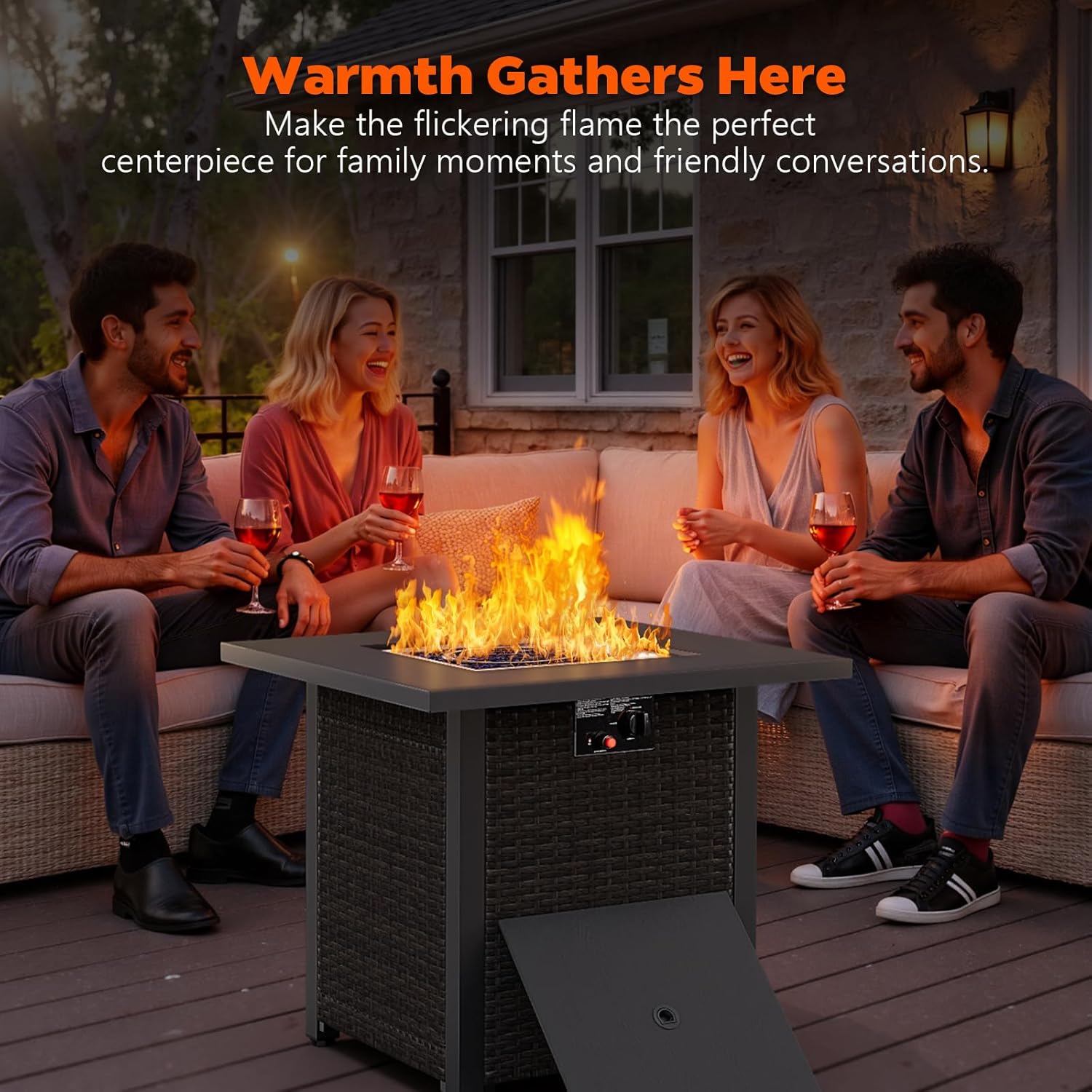 Kndko 28 Inch Propane Fire Pit, 50, 000 BTU Steel Gas Fire Pits with Lava Rock, Rectangle Gas Fire Pits for Outside Patio with Removable Lid, Add Warmth and Ambience to Gatherings and Parties