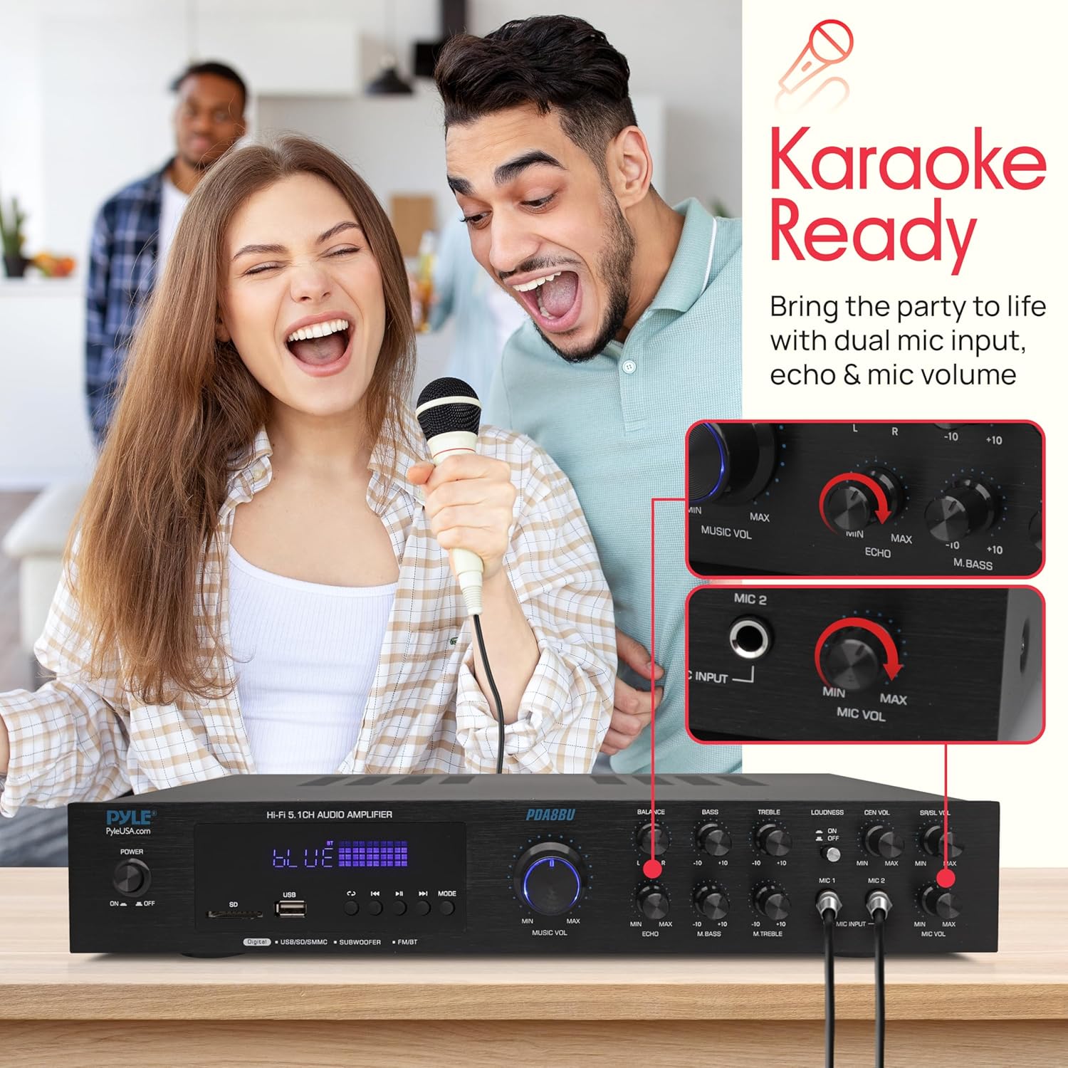 Pyle Bluetooth Audio Amplifier - Home Stereo Receiver with 5 Channels and Subwoofer Out - MP3/USB/SD - AUX - FM Radio - 2 Mic Inputs w/ Echo - VFD Display - Remote Control - PDA8BU