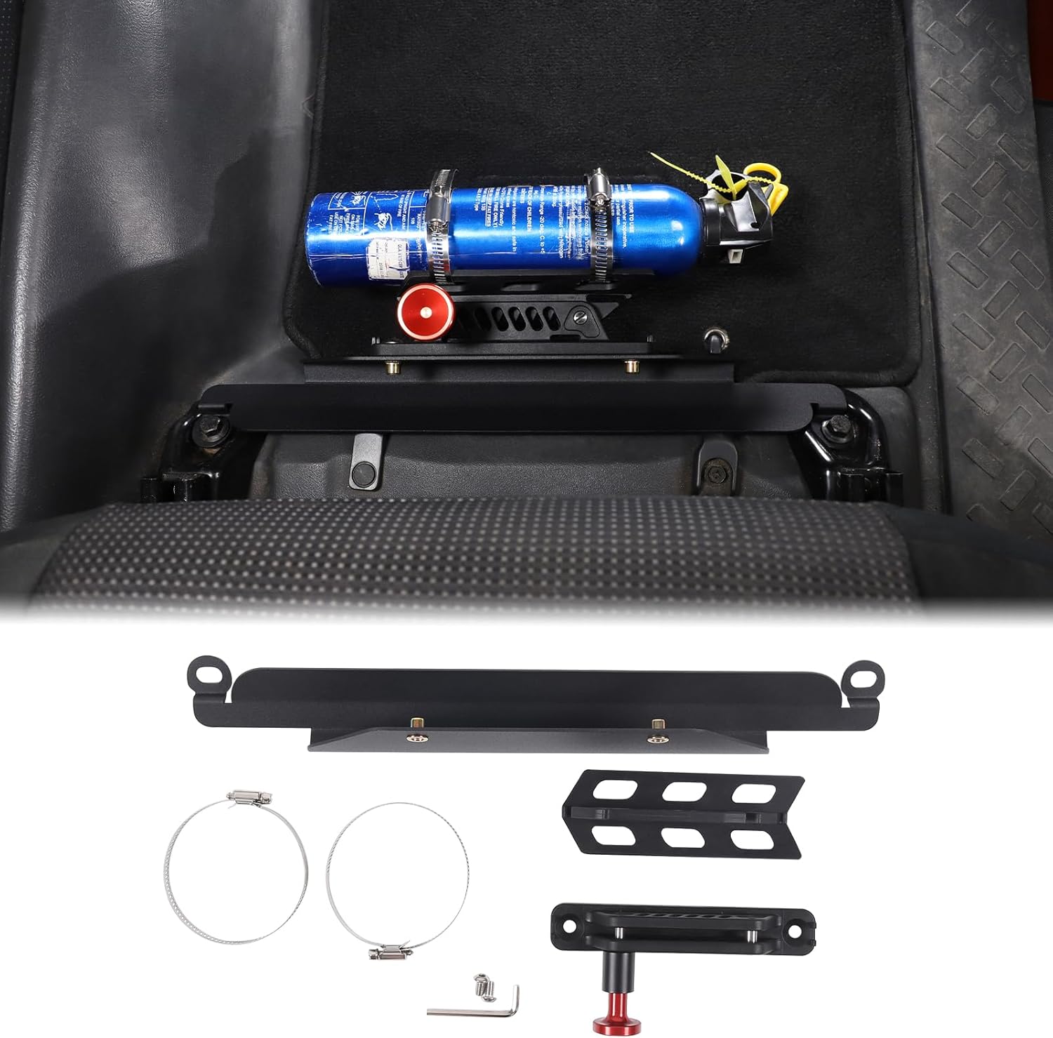 Car Passenger Under Seat Quick Release Roll Bar Fire Extinguisher Mount Bracket Compatible with Toyota FJ Cruiser 2007-2021 Adjustable 2 Clamps Fire Extinguisher Bottle Tie Bracket Billet Accessories