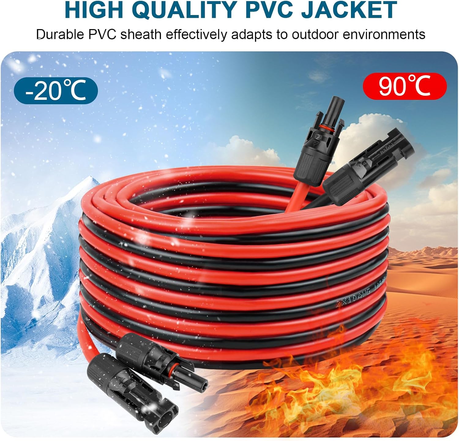 10 AWG Solar Extension Cable 50FT, Flexible Solar Panel Wire with Male to Female Connector Parallel Tinned Copper Wire for Solar Panel, Automotive, RV, Boat, Outdoors