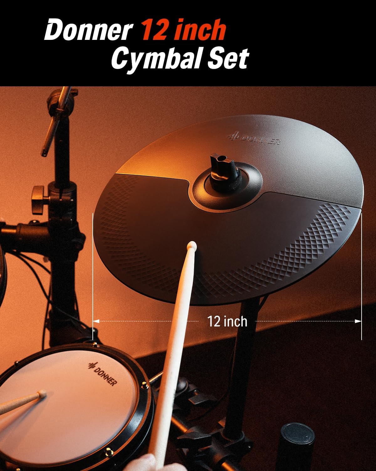Donner Mute Cymbal Set with 12-inch Cymbals and Cymbals Stand for Electric Drum Kit, More Stable Iron Metal Bracket, Signal Cable, Rack Clamp for Electric Drum Set (For DED-200/400 /500 Expansion)