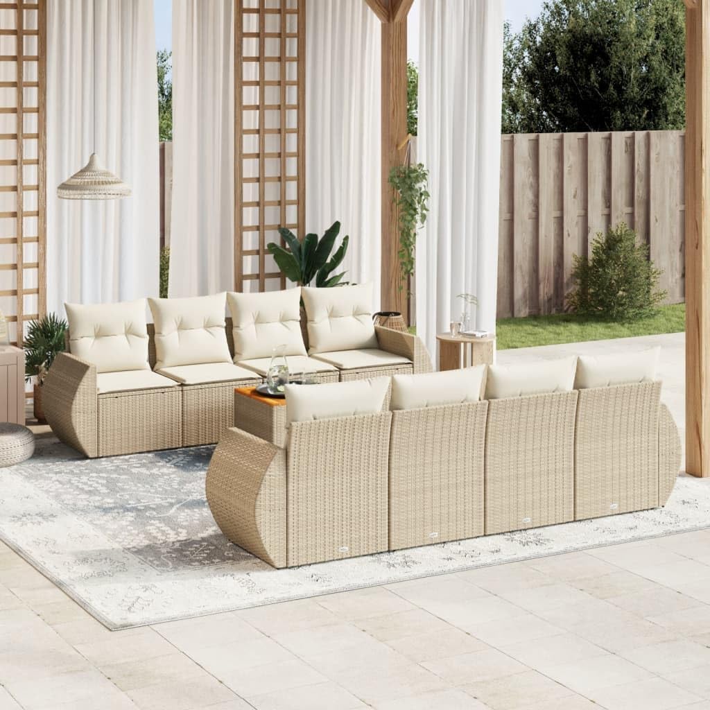 9-Piece Garden Sofa Set, Beige Synthetic Poly Rattan Outdoor Patio Furniture, Modular Seating for Backyard Terrace, Acacia Wood Frame, Weather-Resistant Cushions