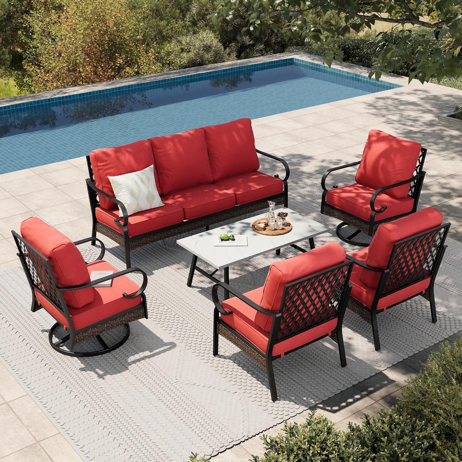 HERA'S HOUSE 6 Piece Metal Patio Furniture Set, All Weather Outdoor Conversation Set with 3-Seat Sofa, 2 Swivel Chairs, 2 Fixed Chairs & Coffee Table, 7 Seats for Backyard, Garden, Deck, Red