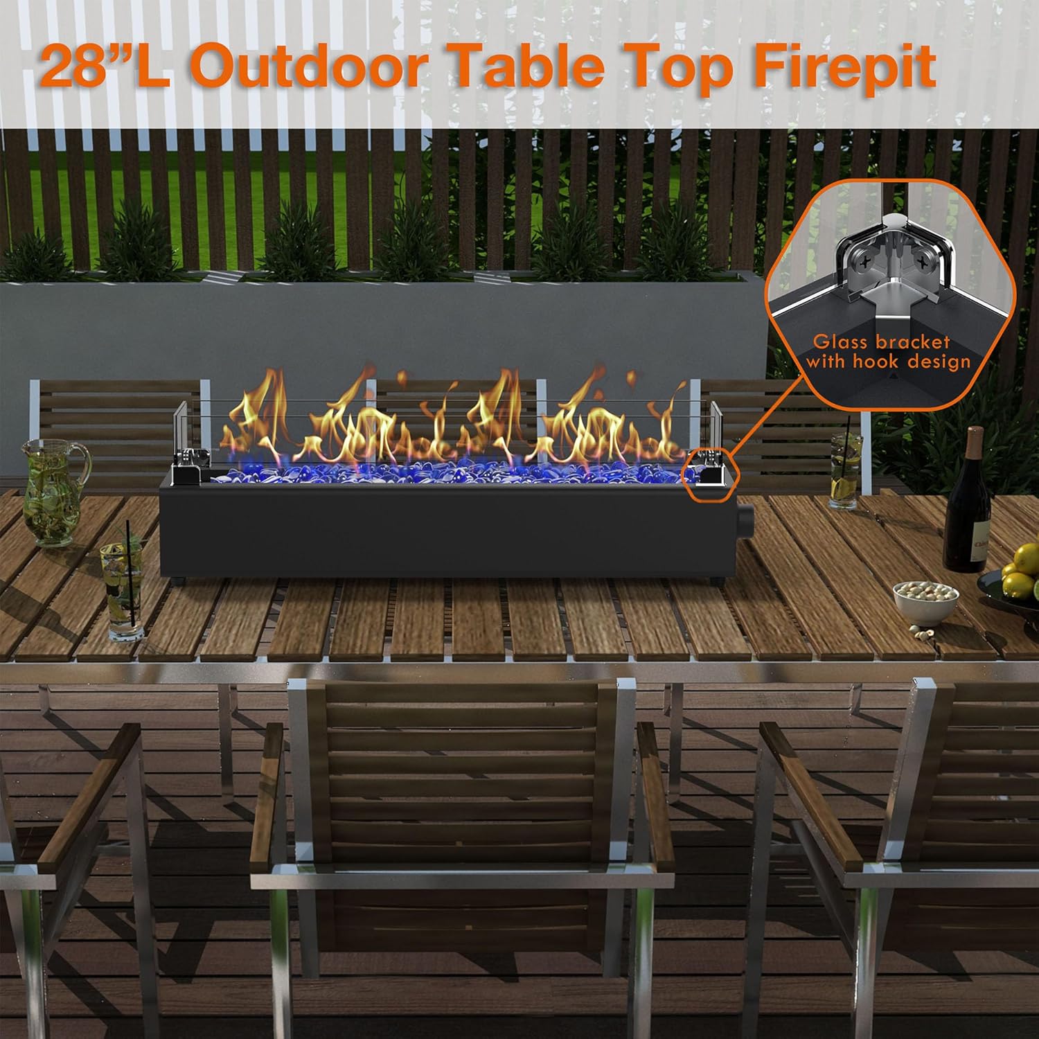 28-inch Table Top Propane Fire Pit, 40,000 BTU Tabletop Firepit for Patio, Outdoor Portable Rectangular Fire Bowl w/Wind Glass Shield, Glass Rocks - Black