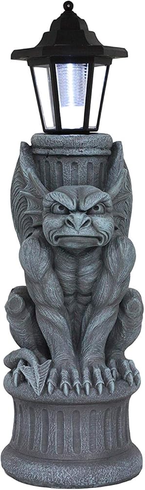 Ebros Faux Stone Gothic Crouching Winged Gargoyle Statue with Solar LED Lantern Light Post 20