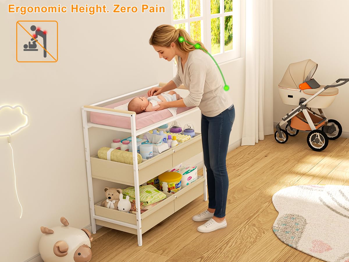 Baby Changing Table with Safety Bumper, Sturdy Diaper Change Station with Adjustable Devider in Large Storage Bin, Nursery Dresser for for Cloth Change, Baby Furniture Diaper Organizer,White