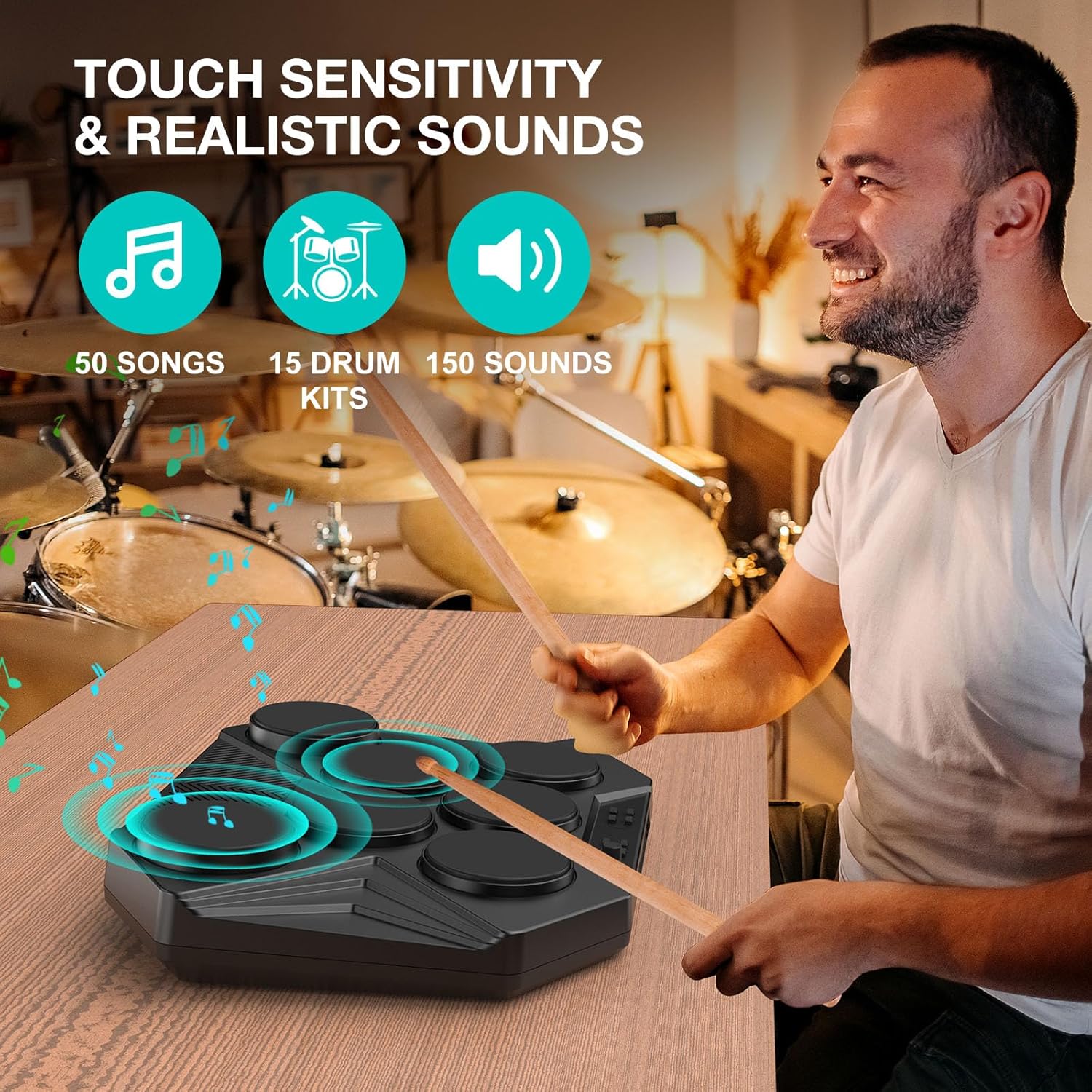 ROCKSOCKI Electronic Tabletop Drum Set, Portable Digital Drum Kit 7 Velocity Sensitivity Drum Pads, LED Music Level Light, USB-MIDI Mac & PC Support, Ideal Gift for Adult and Beginners