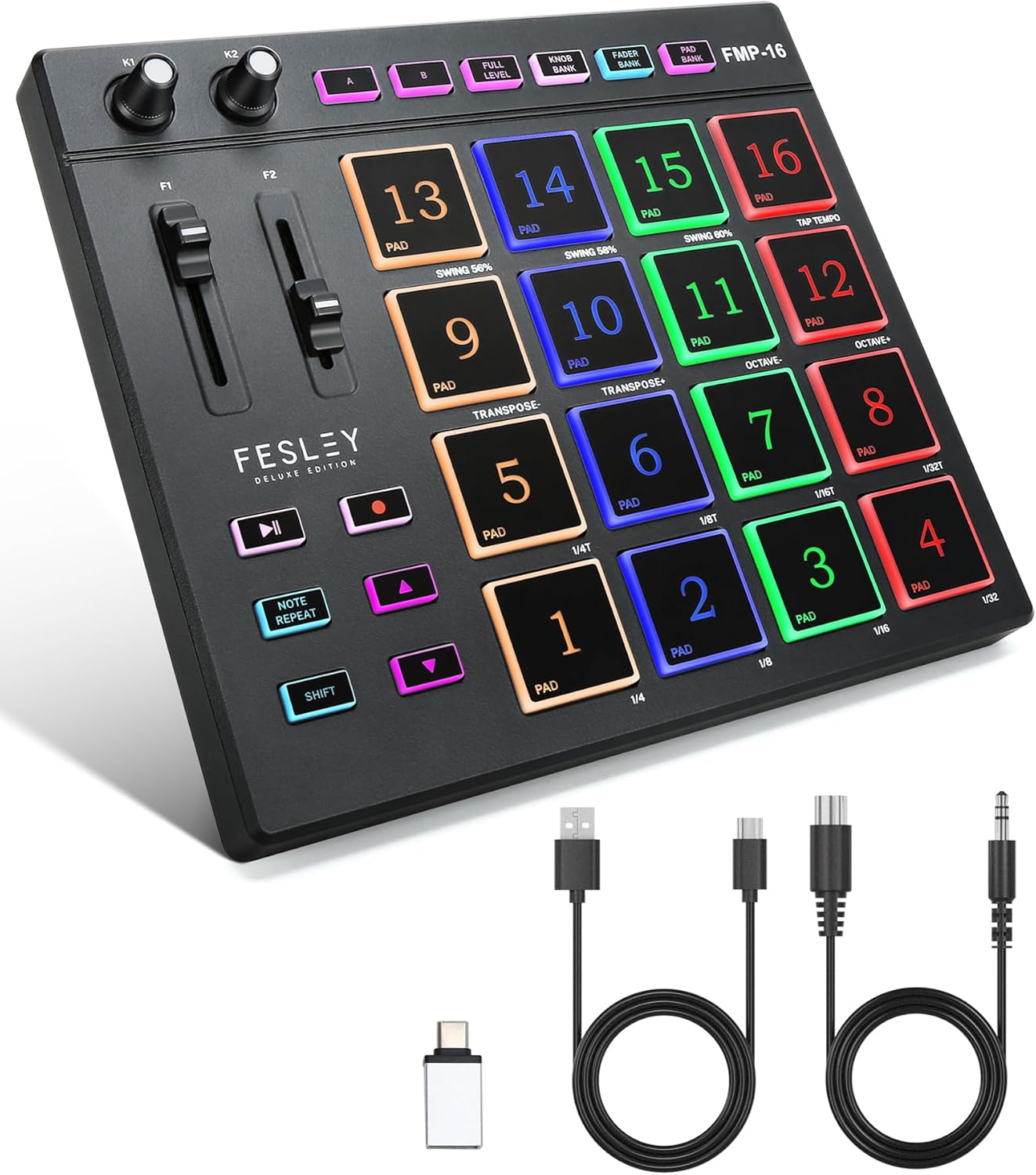 Fesley MIDI Controller Professional, Beat Maker Machine with 16 Beat Pads, MPC with 2 Assignable Fader & Knobs, Portable MIDI Pad Controller, Beat Machine for Music Making