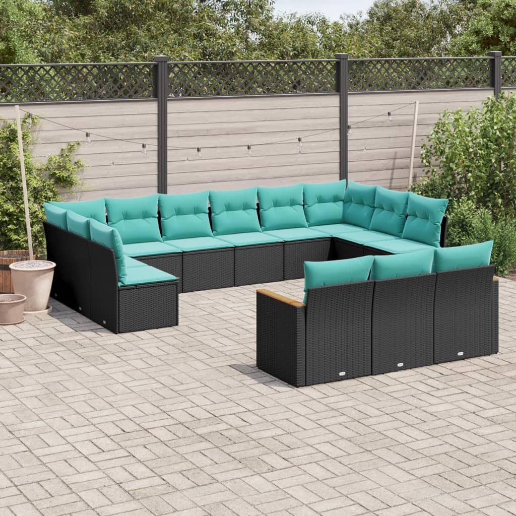 13 Piece Patio Sofa Set, Black Poly Rattan, Blue Cushions, Modular Outdoor Furniture for Garden, Balcony, Weather-Resistant Dining Table Set