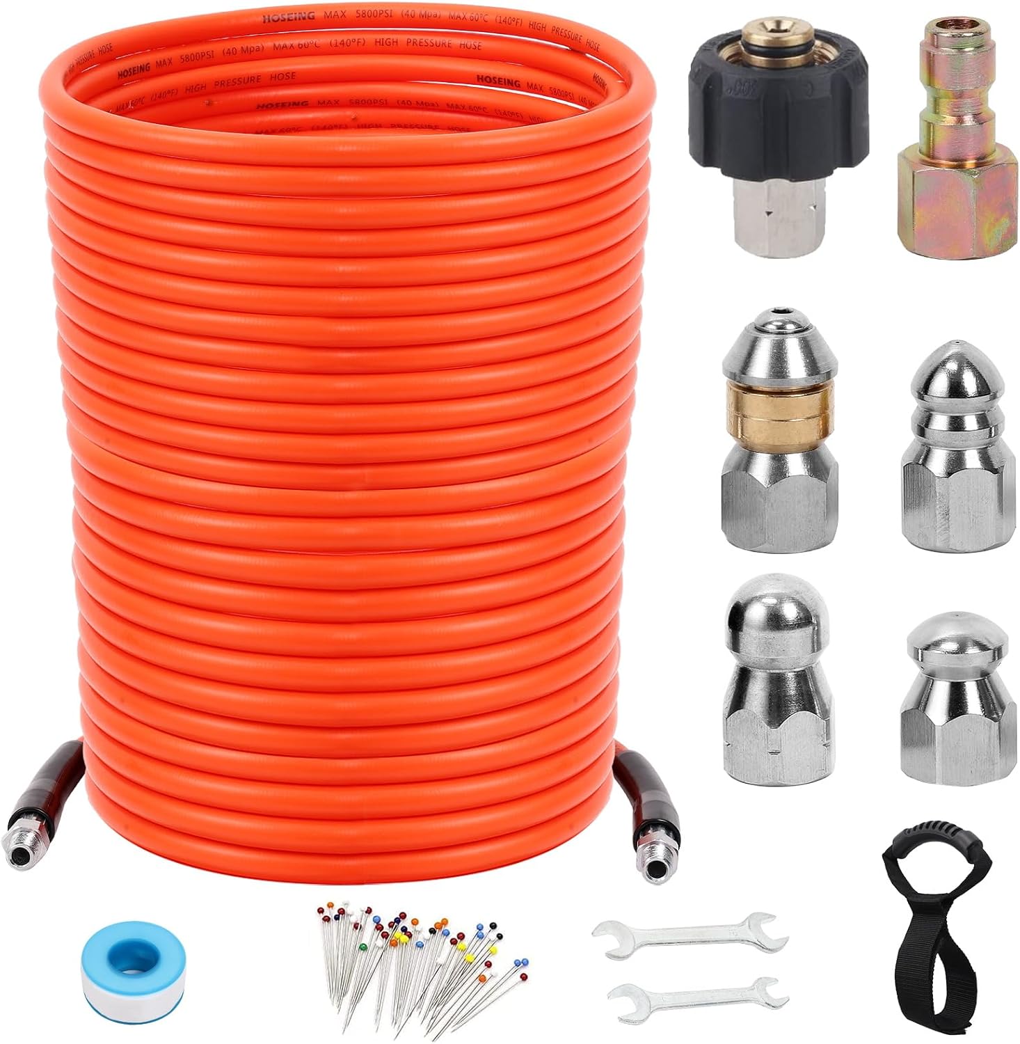 200FT Pressure Washer Sewer Jetter Kit, 5800 PSI Water Jet Drain Cleaner Hose with Corner Rotating Button Nose Nozzle, 1/4 Inch NPT, Sewer Jetter Nozzles Kit with Spanner Handle Strap