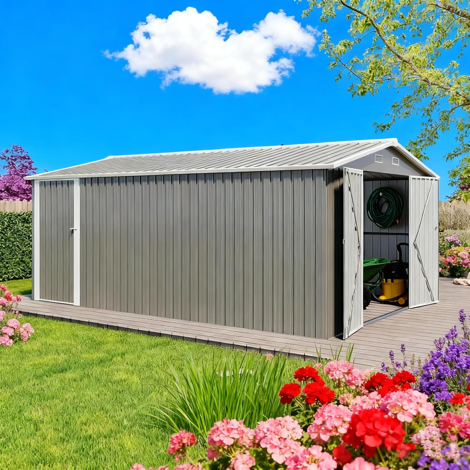 10x14 FT Outdoor Storage Shed, Extra Large Metal Garden Shed with Waterproof Roof, 4 Vents and 3 Lockable Doors,All-Weather Tool Shed Storage House for Backyard, Patio, Lawn,Light Grey