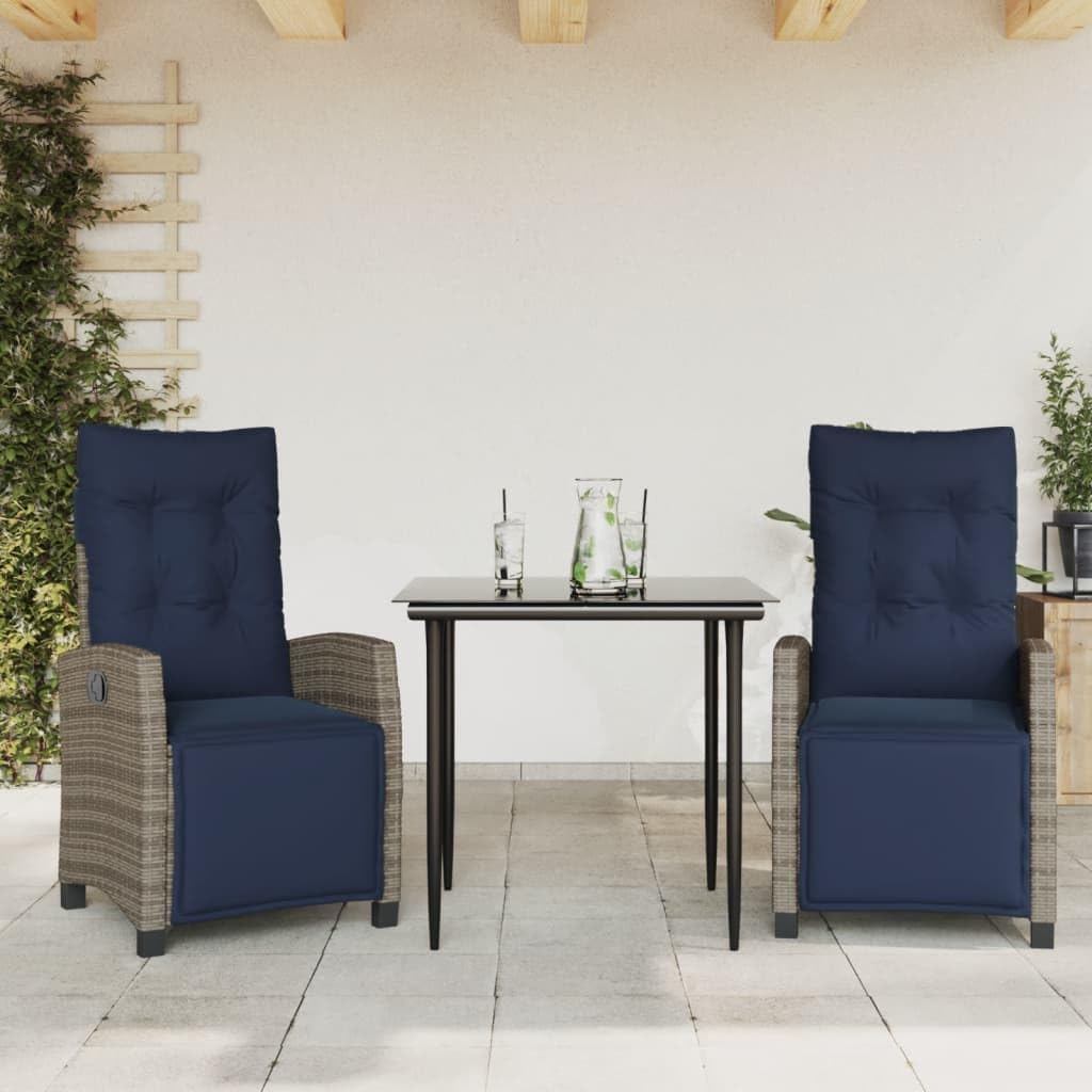 3 Piece Patio Dining Set with Cushions Gray Poly Rattan,Outdoor Dining Set: Adjustable backrest, Comfortable Cushions, Rattan Furniture Outdoor Furniture Sets, Patio Furniture