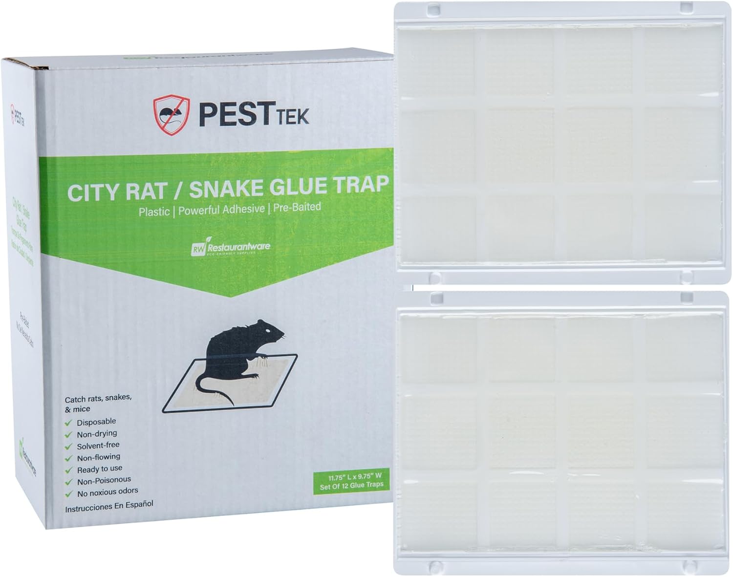 Pest Tek 11.8 x 9.8 Inch Glue Traps, 10 Disposable Glue Pad Sets - Set of 12, Pre-Baited Adhesive, PS Plastic Bond Traps, Odorless, Ready-to-Use for Mice, Rats, and Pests - Restaurantware