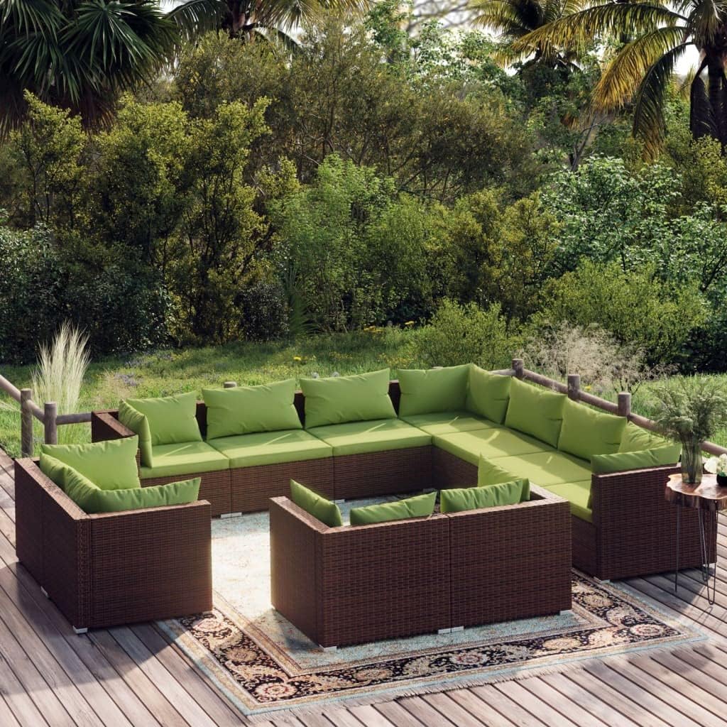 11 Piece Garden Lounge Set, Brown PE Rattan Outdoor Patio Furniture with Green Cushions, Modular Seating for Backyard, Balcony, Terrace, Weather-Resistant
