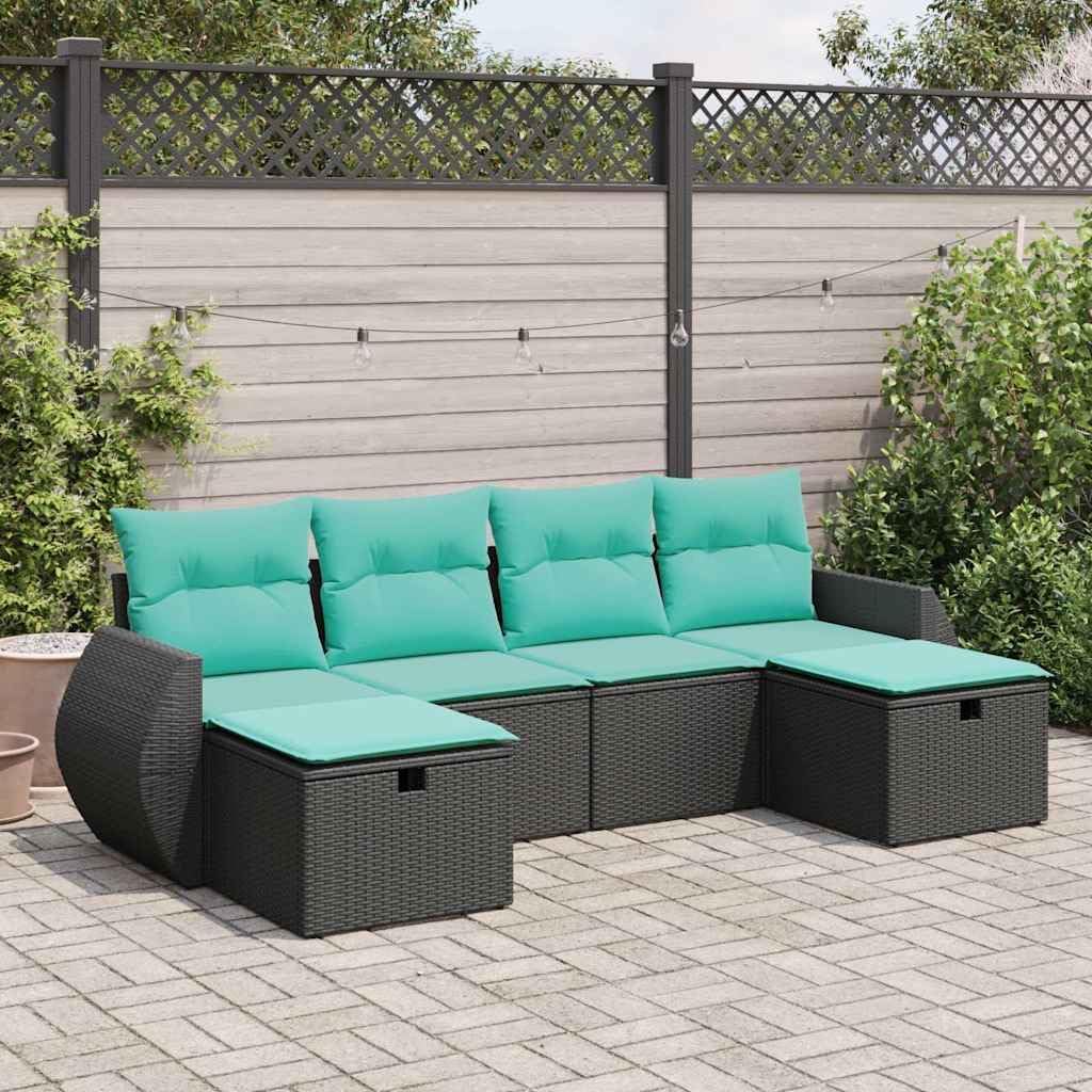 6-Piece Garden Sofa Set Black, Blue, Modular Outdoor Patio Furniture with Storage, UV-Resistant Rattan, Powder-Coated Steel Frame for Balcony, Terrace