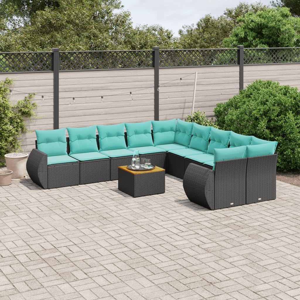 11 Piece Garden Sofa Set, Black Poly Rattan Outdoor Furniture with Cushions, Modular Patio Dining Set for Backyard, Terrace