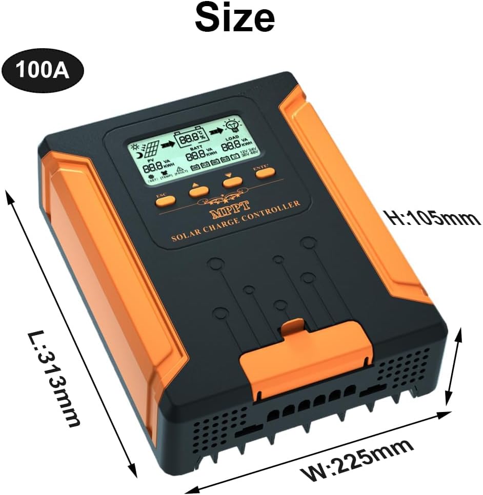 120A 12V/24V/36V/48V MPPT Solar Charge Controller with Heat-Dissipating Metal Housing, Dual Fans, and LCD Display, for LiFePO4, Gel, Lithium, SLD, FLD, and Ternary Battery
