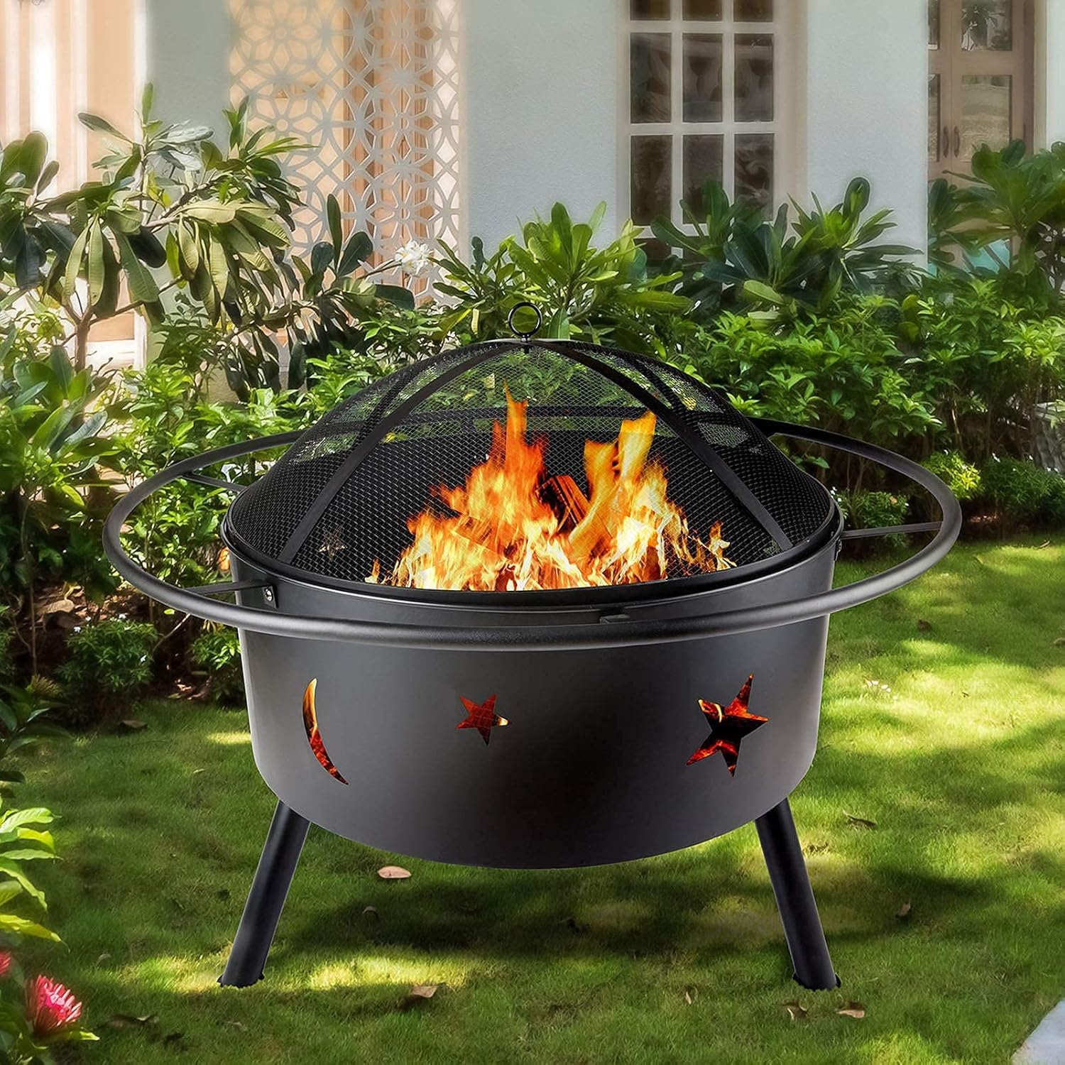 Small Firepit, Fire Pit for Outdoor Garden Patio with BBQ Grill Shelf Barbecue Brazier Fire Bowl with Spark Protection Mesh, Extra Includes Poker and Cover