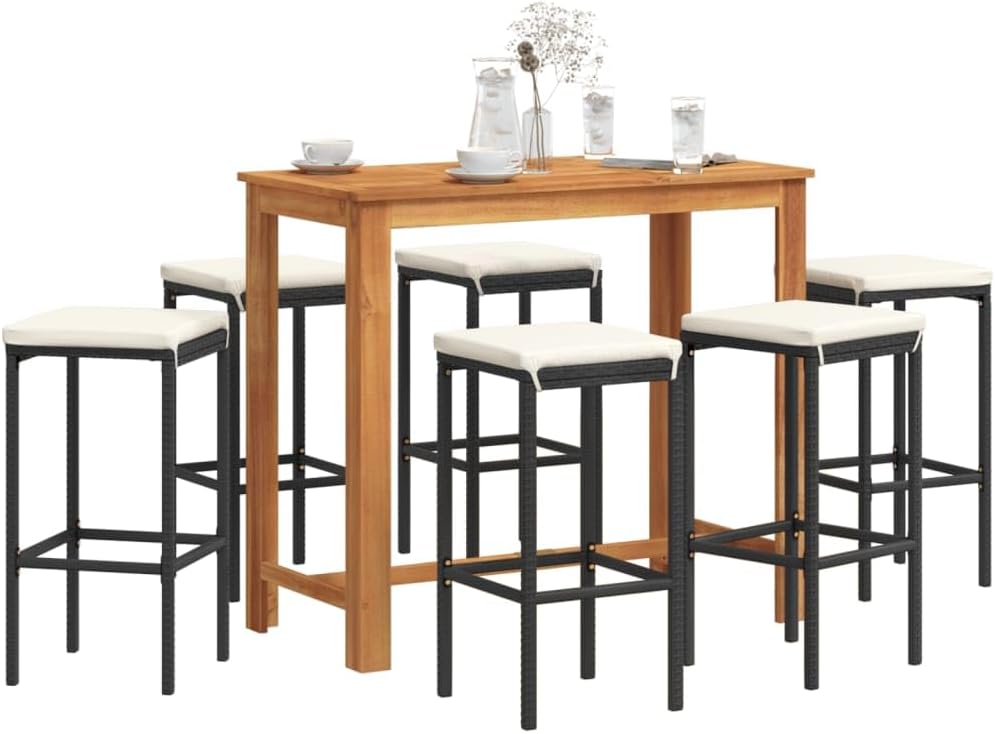 7 Piece Patio Bar Set Black Solid Wood Acacia and Poly Rattan,Elegant Patio Bar Set with Acacia Wood Table and Rattan Bar Stools for Outdoor Dining and Relaxation Furniture Sets for Patio, Lawn & Gard
