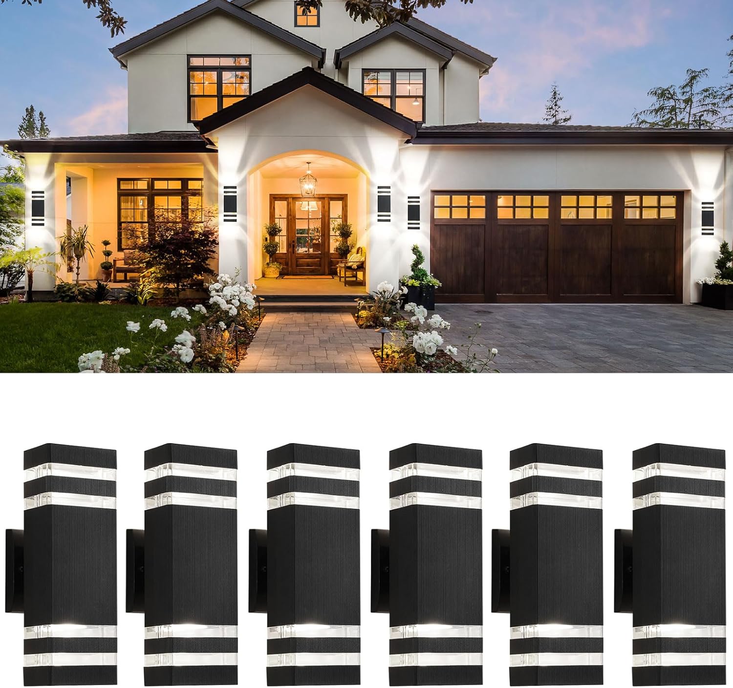 tewei 6 Pack Outdoor Wall Lights, Black Exterior Light Fixture Wall Mount Modern Outdoor Lights for House, Waterproof Aluminum Up and Down Porch Lights Outside Wall Sconces for Garage Porch, 2-Layer