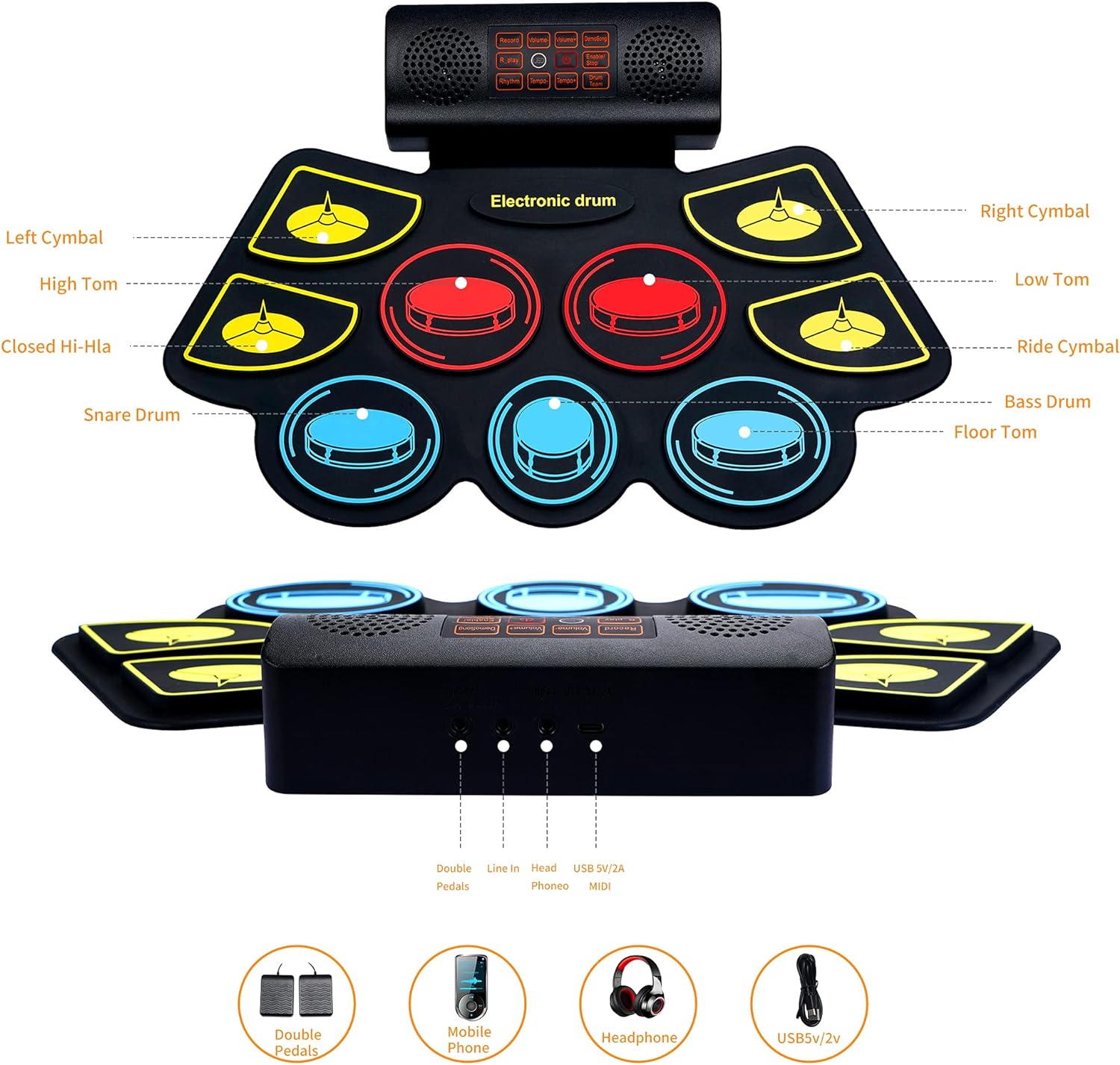 Electric Drum Set for Kids, Electronic Drum Pad with Light Up Drumsticks and Drum Stand, Bulit-in Double Speakers and Rechargeable Battery, Kids Drum Set with LED Drumsticks, 9 Pads Digital Drum Kit