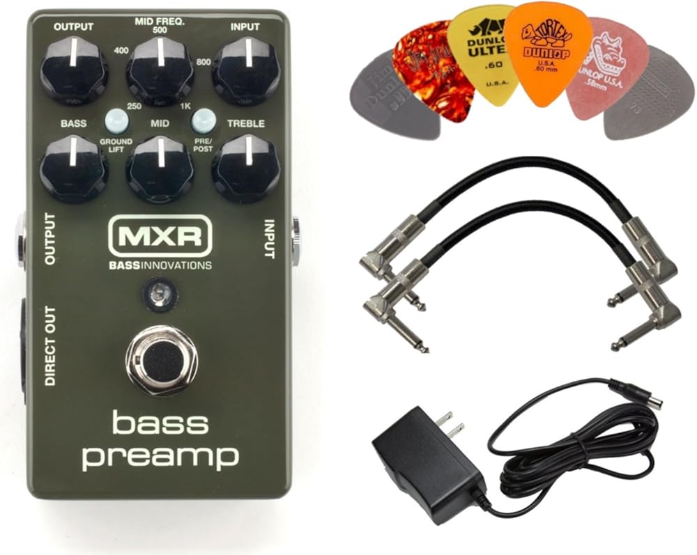 MXR M81 Bass Preamp Pedal Bundle with 9V Power Supply, 2 Patch Cables and 6 Dunlop Picks