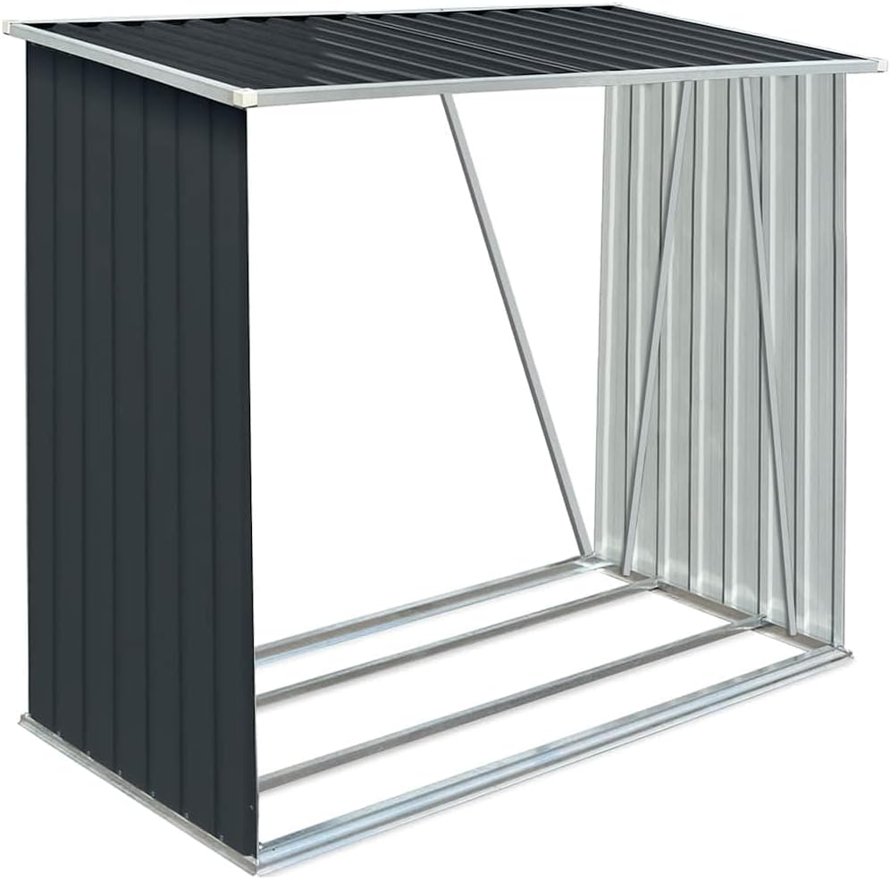 'vidaXL Log Storage Shed - Galvanized Steel, Anthracite - Stable, Durable, Low-Maintenance, with Drainable Roof and Ventilated Floor