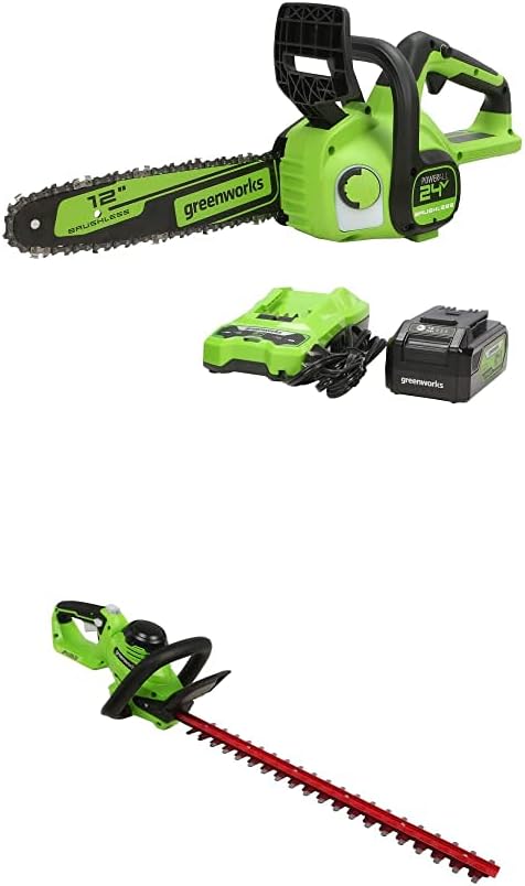 Greenworks 24V 12 in. Brushless Chainsaw, 4Ah USB Battery and Charger Included with Greenworks HT24B04 Hedge Trimmer, Green