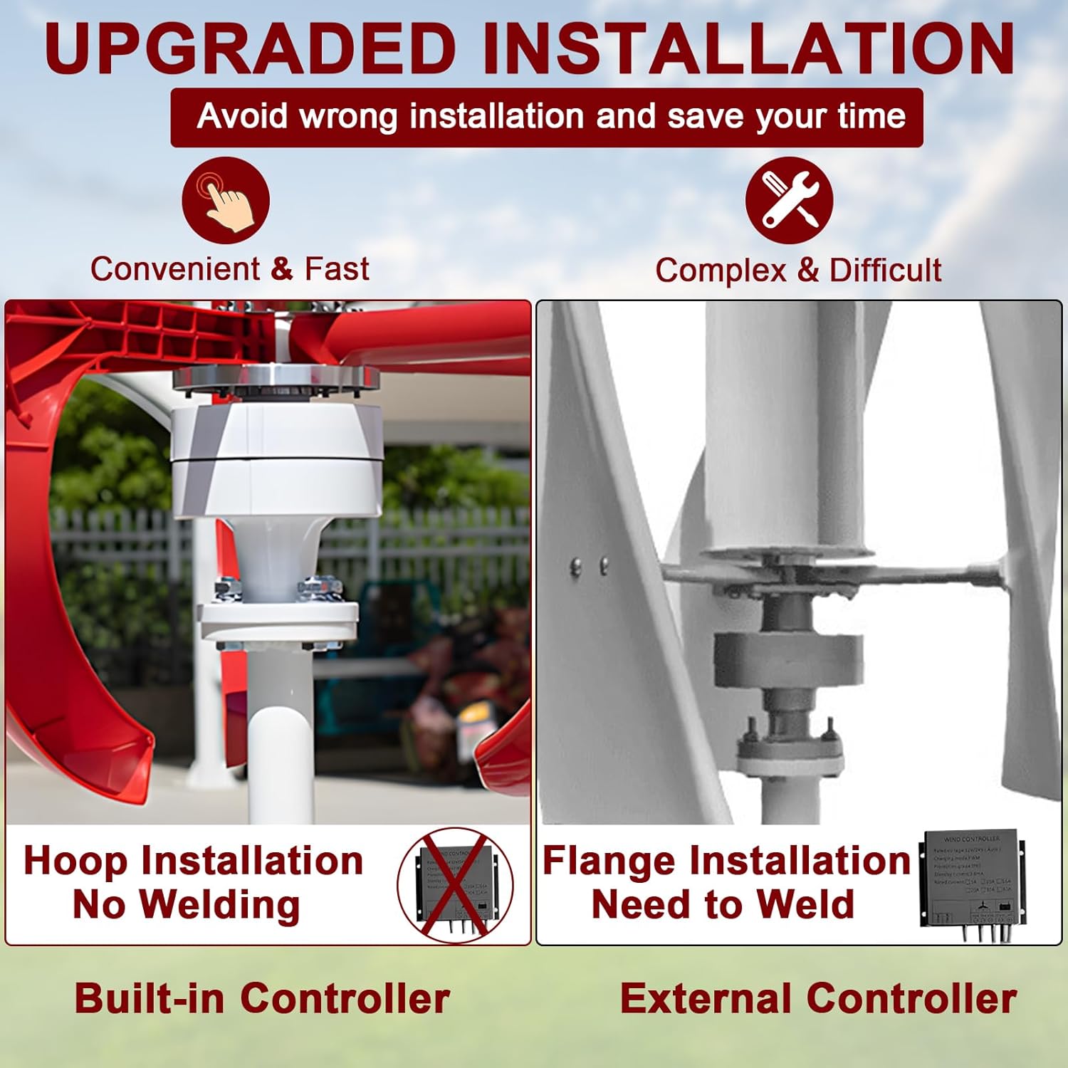 600W Wind Turbines Generator Wind Power Generator, 5 Blades DC12V Vertical Axis Wind Turbines Generator Kit for Home Hybrids Streetlight Use Red