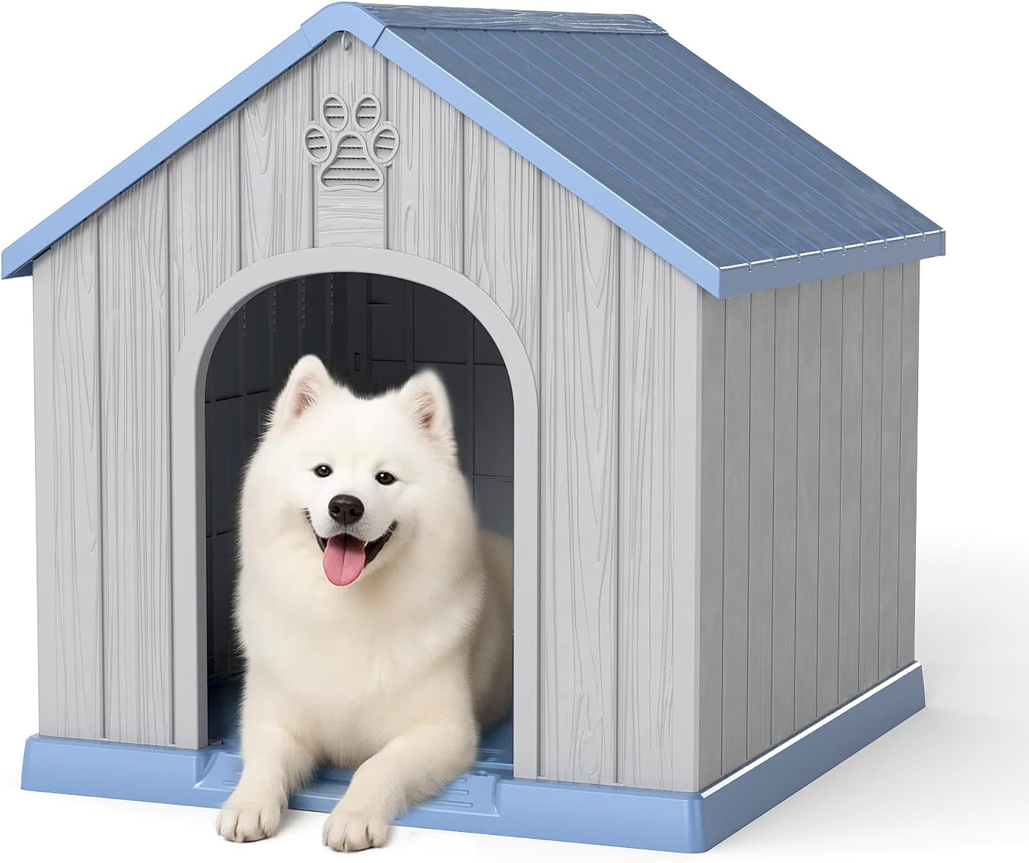 VIXZEN Large Dog House Outdoor, 38 Inch Large Weatherproof Doghouse with Elevated Floor & Waterproof UV-Resistant Resin, Easy to Assemble Indoor Outdoor Dog House Weatherproof (Blue)