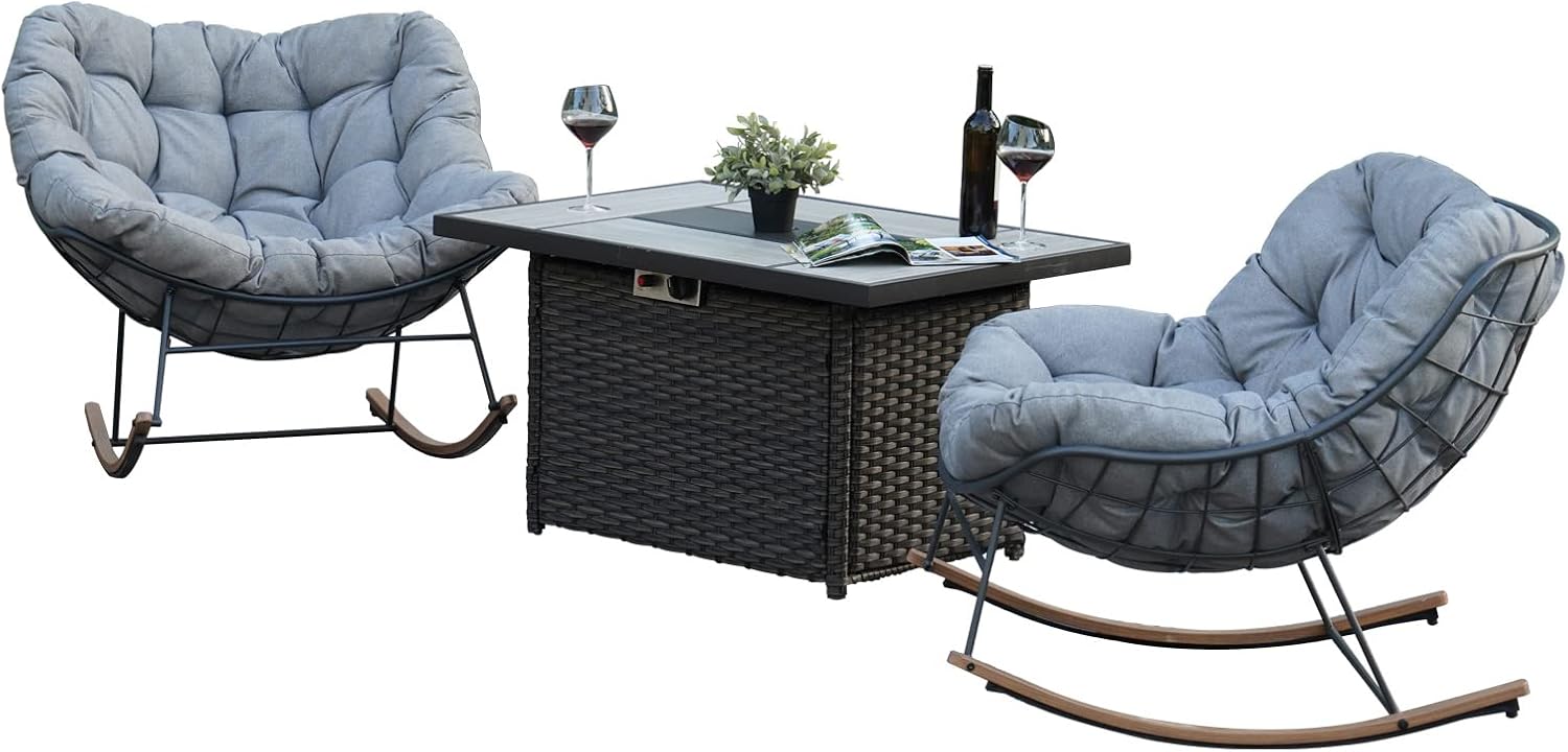 Grand patio Rocking Chair Set of 3, Rectangular Propane Fire Pit Table with Resin Wicker Base and Ceramic Tabletop, Royal Rocking Chairs with Padded Cushion and Faux Woodgrain Base
