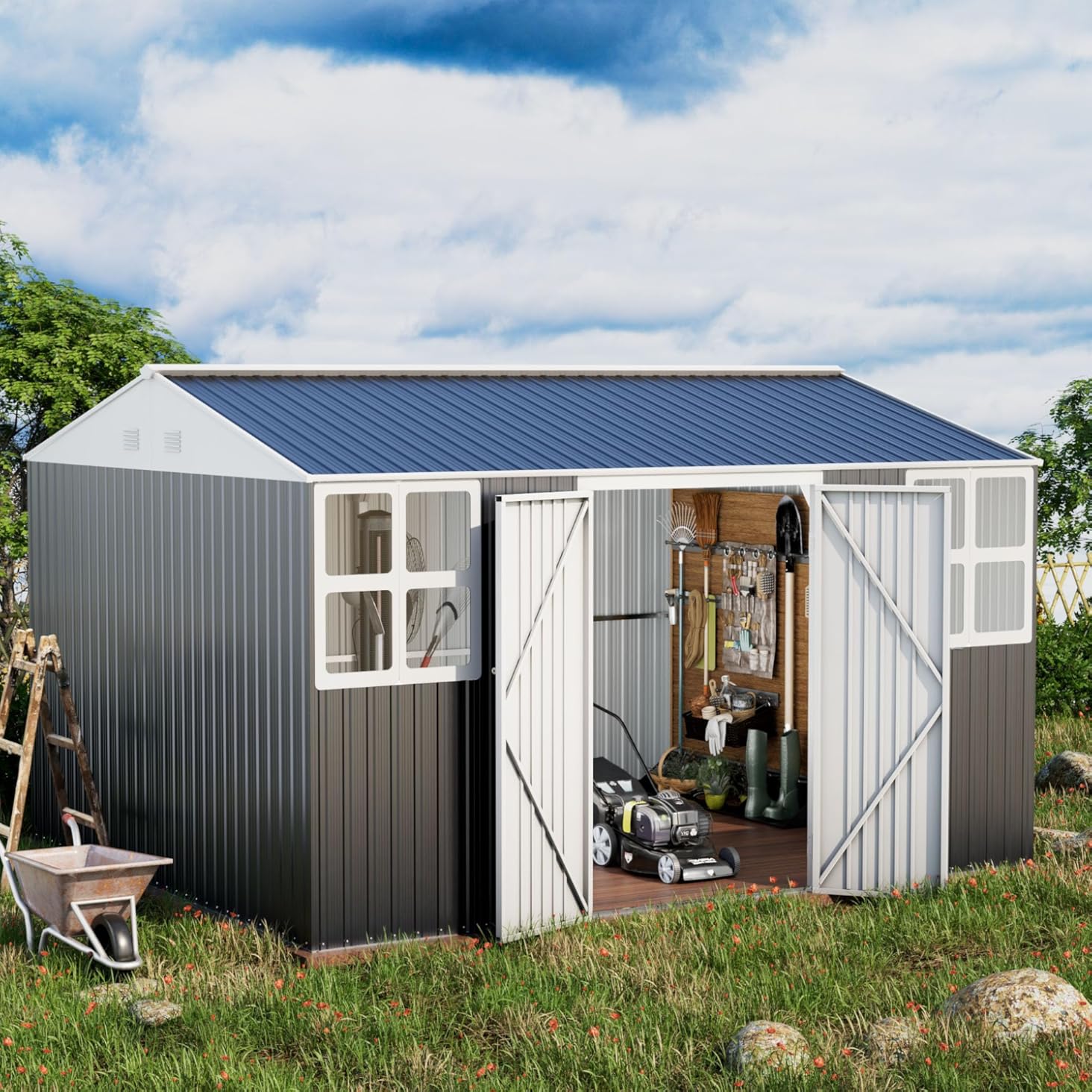 12x10 FT Metal Shed Heavy-Duty, Outdoor Storage Garden Sheds with Reinforced Steel Frame & Customizable Skylight, Weatherproof Galvanized Tool Tiny House for Backyard, Patio, and Lawn