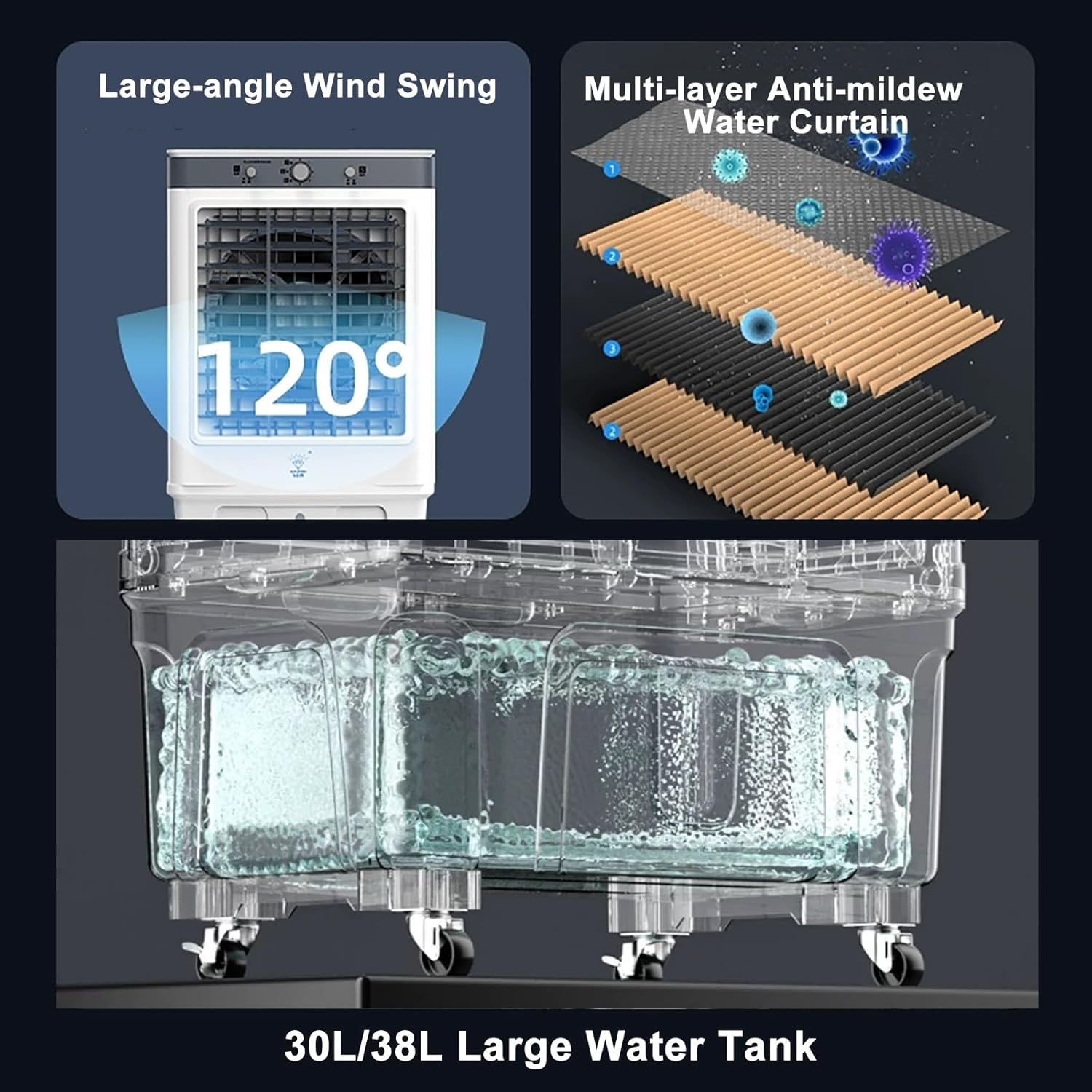 Evaporative Cooler Air Conditioner 3 Speeds, Swamp Cooler for Cooling, Portable Air Cooler Fan for Room, Outdoor, Commercial, Office, 7000m³/H Air Volume(49x36x100cm/19x14x39inch)