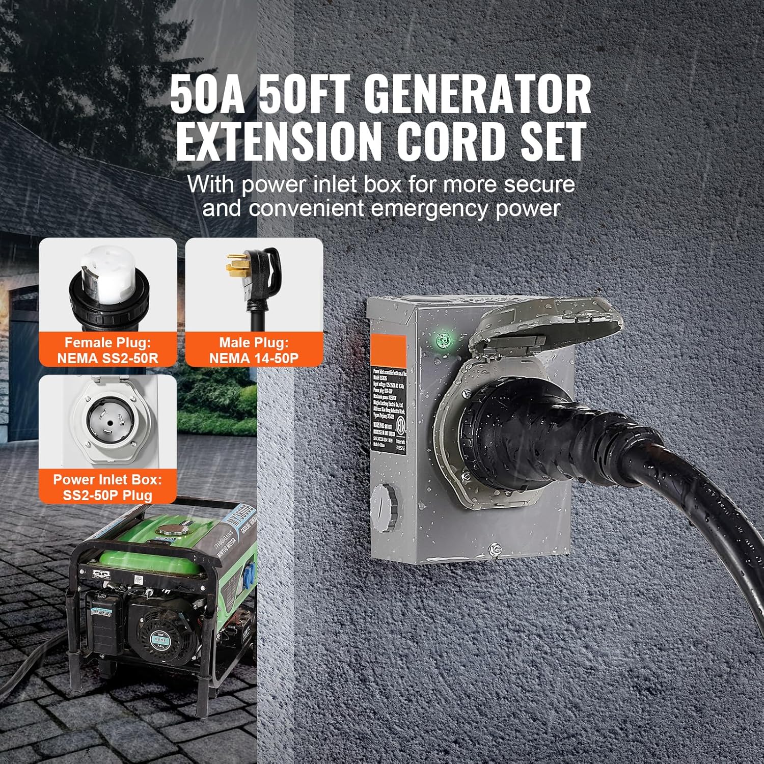 Happybuy 50FT Generator Cord & Power Inlet Box Kit, 50 Amp, NEMA 14-50P/SS2-50R, Twist Lock Connector, Pre-Drilled Inlet Box for Generator to House, ETL Listed