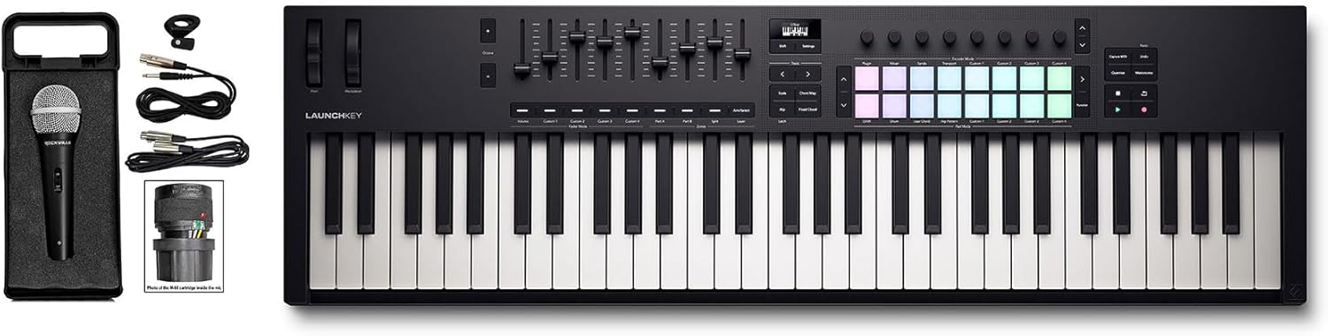Audiosavings Bundle: Novation LAUNCHKEY 61 MK4 61-Key USB MIDI Ableton Live Keyboard Controller Bundle with Rockville RMC-XLR High-End Metal DJ Handheld Wired Microphone Mic w (2) Cables (2 Items)