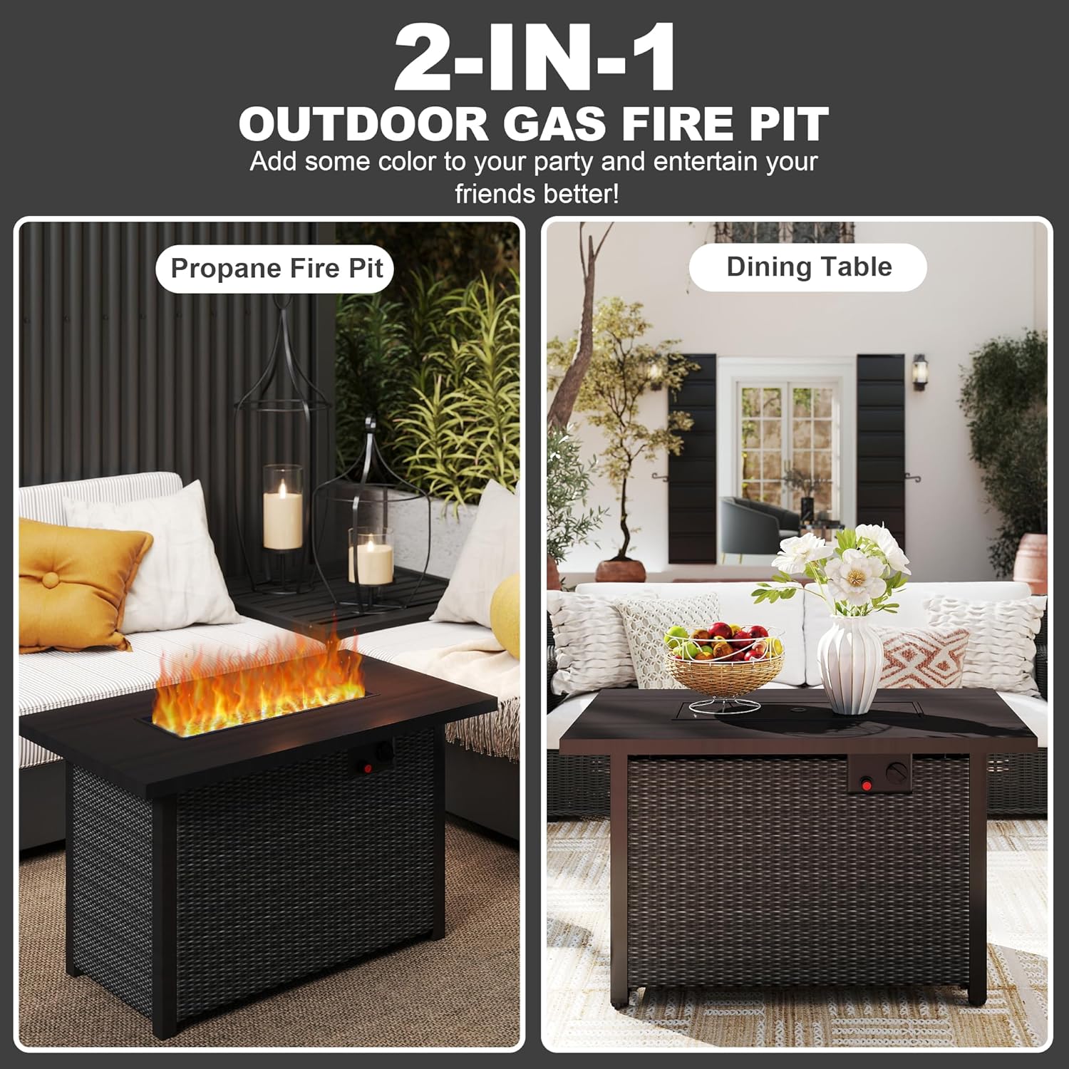 Fire Pit Table 42 Inch Outdoor Propane Gas Fire Pit for Outside 50,000 BTU Auto-Ignition Gas Firepit Outdoor Rattan Table