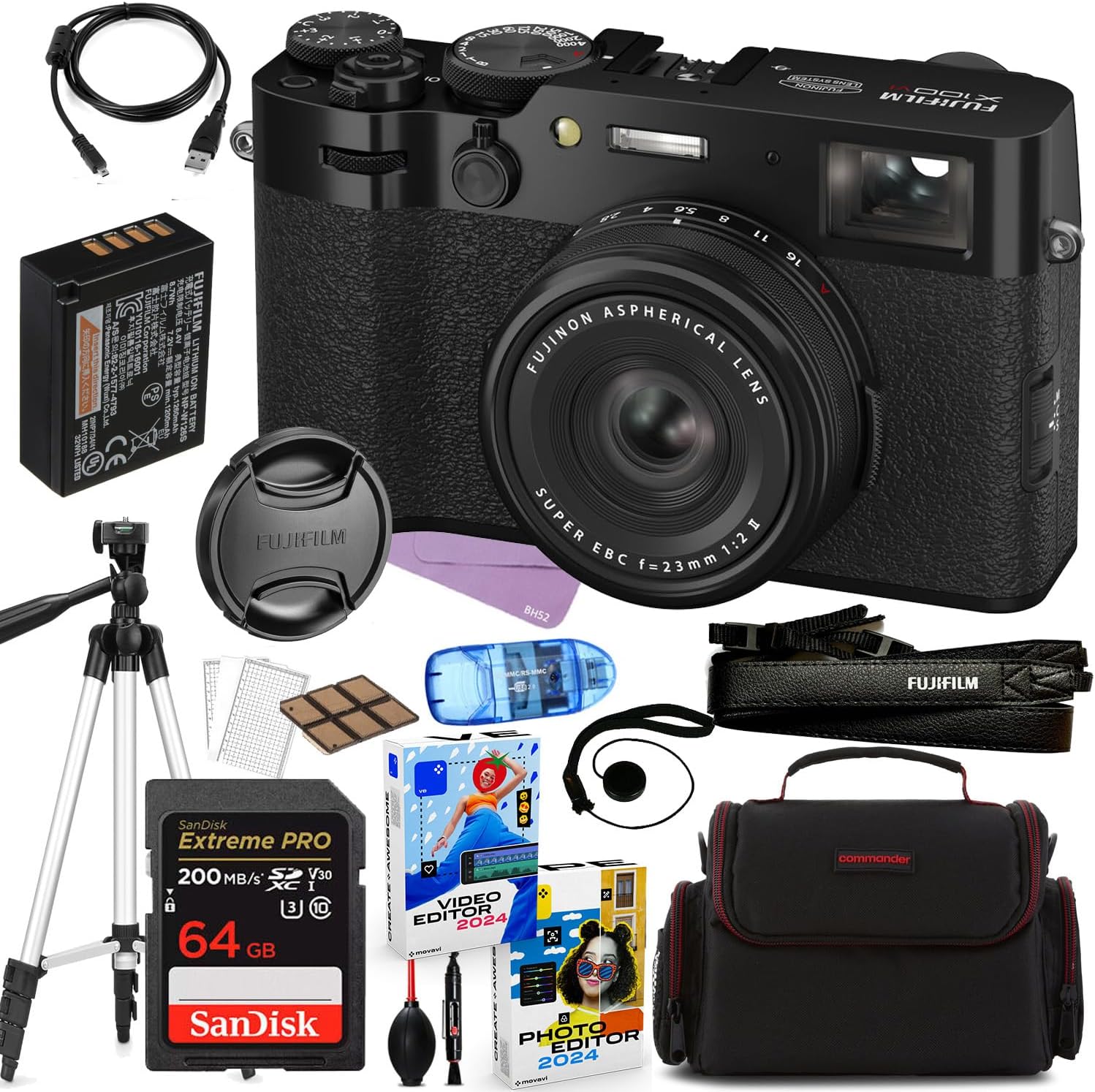 FUJIFILM X100VI Digital Camera (Black) Bundle + Accessories Including 64GB Extreme Pro Memory, Case, Tripod, Photo/Video Software Package and More (21 Items)
