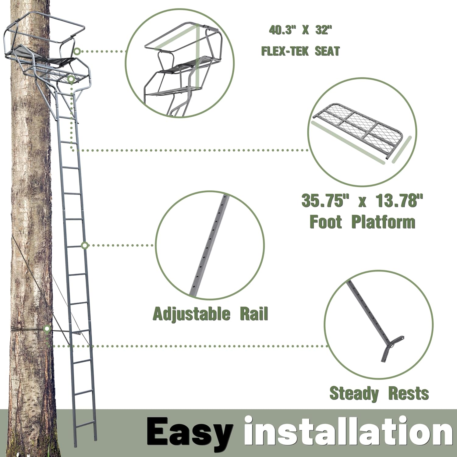 KUAFU 18' 2-Man Ladder Tree Stand Climbing Tree Stand for Deer Hunting Elevated Climbing Seat Hunting Gear Equipment Accessories, 500 lb Weight Capacity