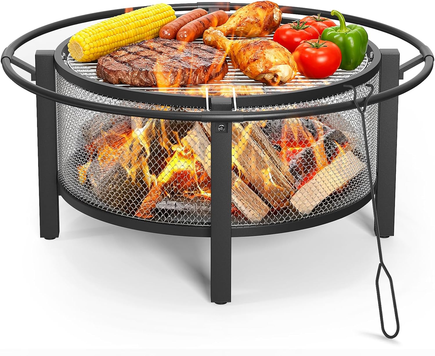 ONBRILL 2-in-1 36 Inch Fire Pit with Cooking Grill, Outdoor Wood Burning Firepit with Poker for BBQ, Bonfire, Picnic, Party, Round Metal Fire Pit for Outside, Backyard, Patio