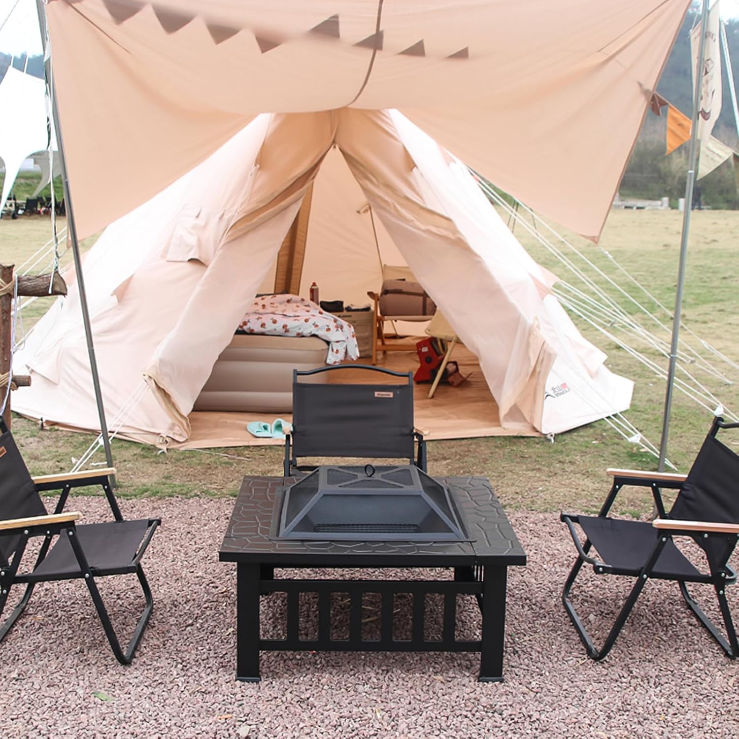 32 Inch Fire Pit Table with Fire Poker & Spark Screen, Outdoor Burning Fire Pits, 3 in 1 Metal Square Firepit Stove for Outside Heating, Bonfire Party, Camping, Backyard, Patio, Garden