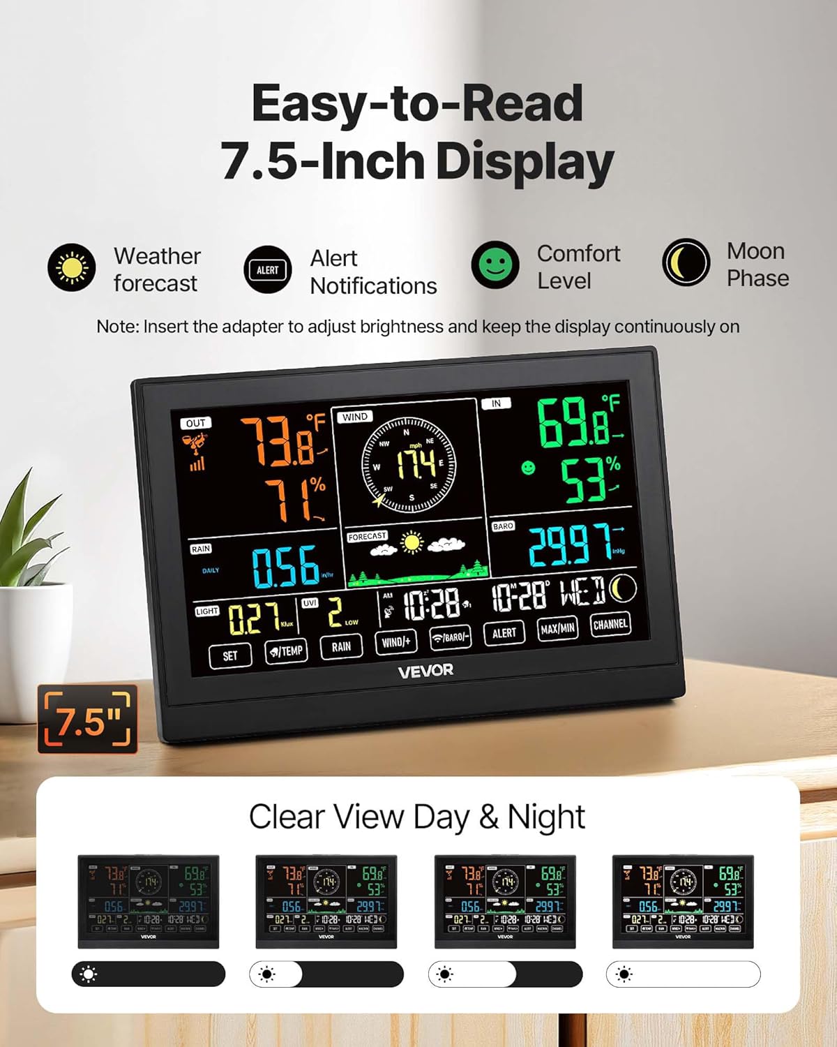 VEVOR 7-in-1 Wireless Weather Station, 7.5-Inch VA Display, Solar Powered Outdoor Sensor, Rain Gauge, Indoor Outdoor for Weather Forecast, Temperature, Humidity, Wind Speed and Direction (No WiFi)