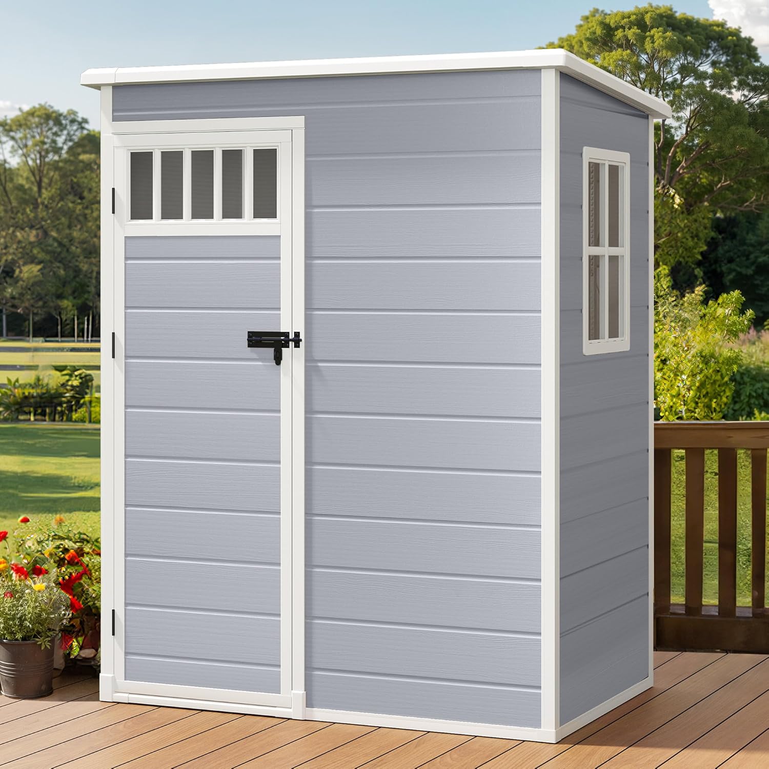 DWVO Outdoor Storage Shed, All-Weather Resin Plastic Storage Shed with Windows, Slanted Roof, Raised Floor, Capacity for Garden Tools & Equipment, Ideal for Backyard & Garden