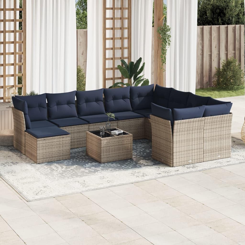 11 Piece Patio Sofa Set, Gray Poly Rattan Outdoor Furniture with Cushions, Tempered Glass Table, Modular Design for Backyard, Terrace