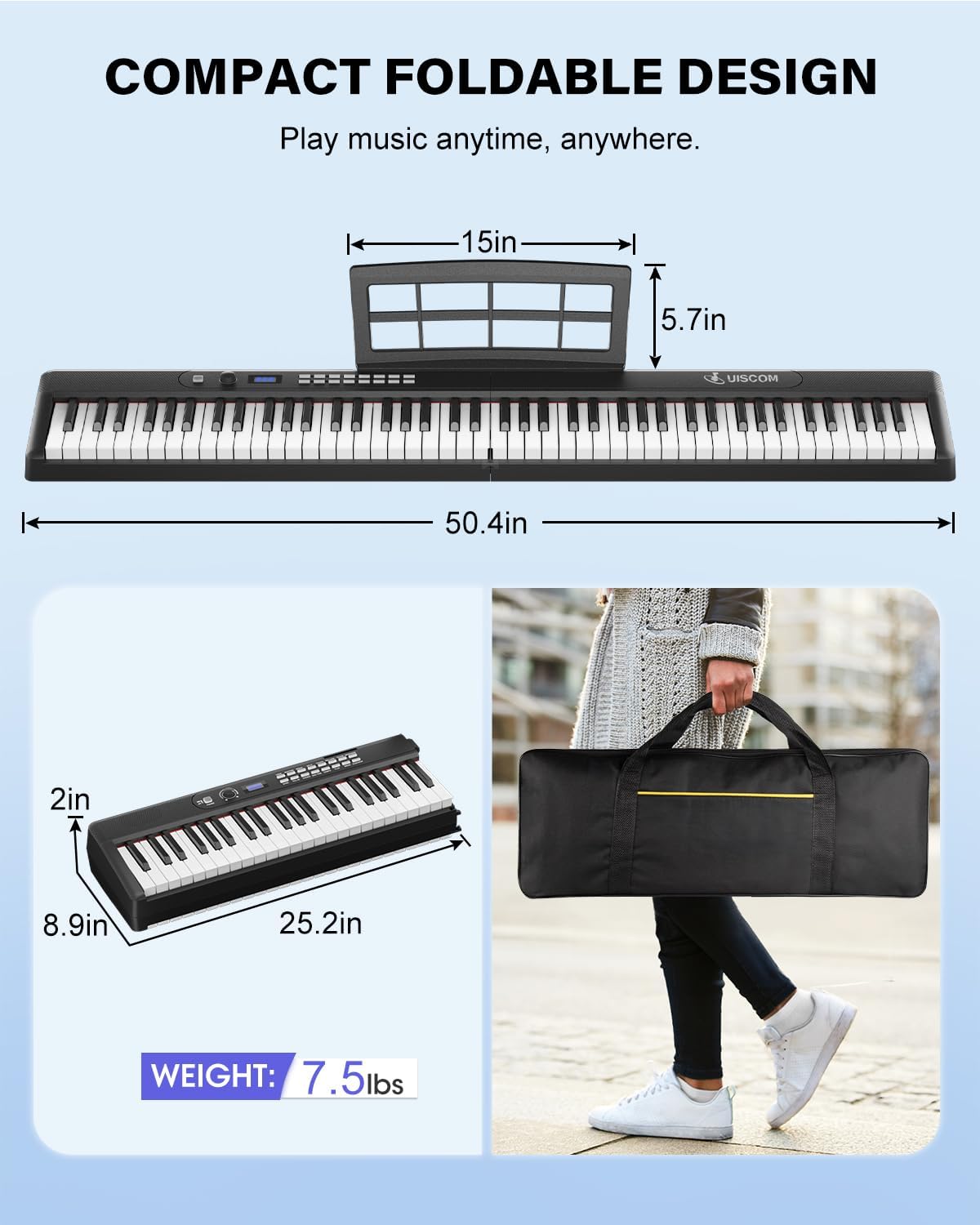 Keyboard Piano 88 Key Semi Weighted Portable Digital Piano for Beginner,Full Size Folding Electric Keyboard with Sustain Pedal,Carrying Case,MIDI,Suitable for Home/Stage（Black）