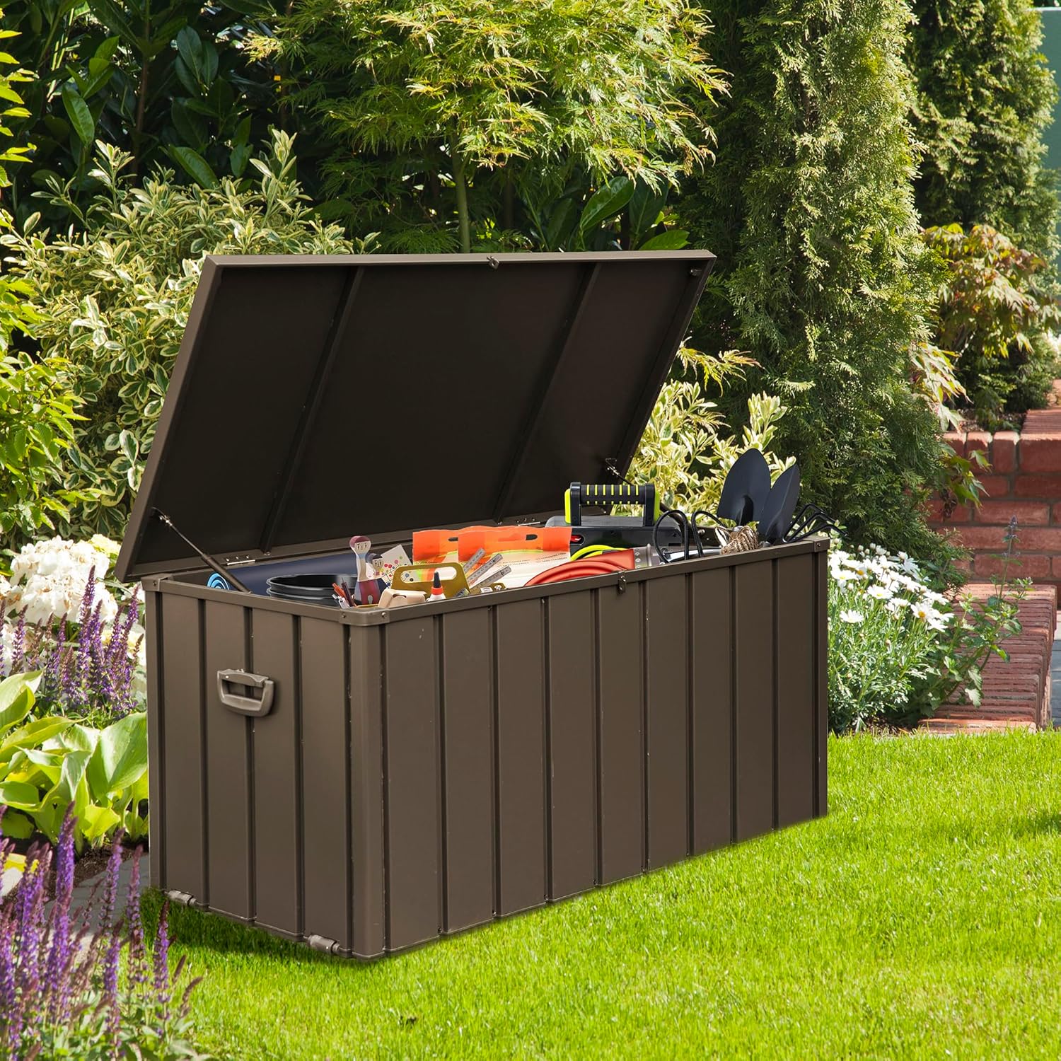 Domi 100 Gallon Deck Box Outdoor Storage Box, Lockable Storage Cabinet Deck Box Outdoor Waterproof, Large Metal Storage Bin for Patio Furniture Cushions Garden Tools Pool-Supplies, Brown