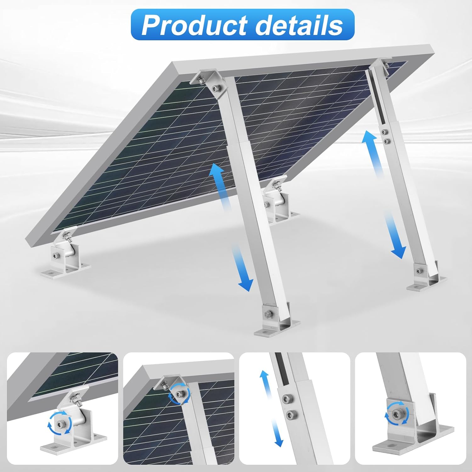 4 Pcs Adjustable Aluminum Alloy Solar Panel Tilt Mount Brackets for 50–400 W Panels on RV, Boat, Roof, Flat Surface & Wall (14–27″ Arms, 15°–30° Tilt)