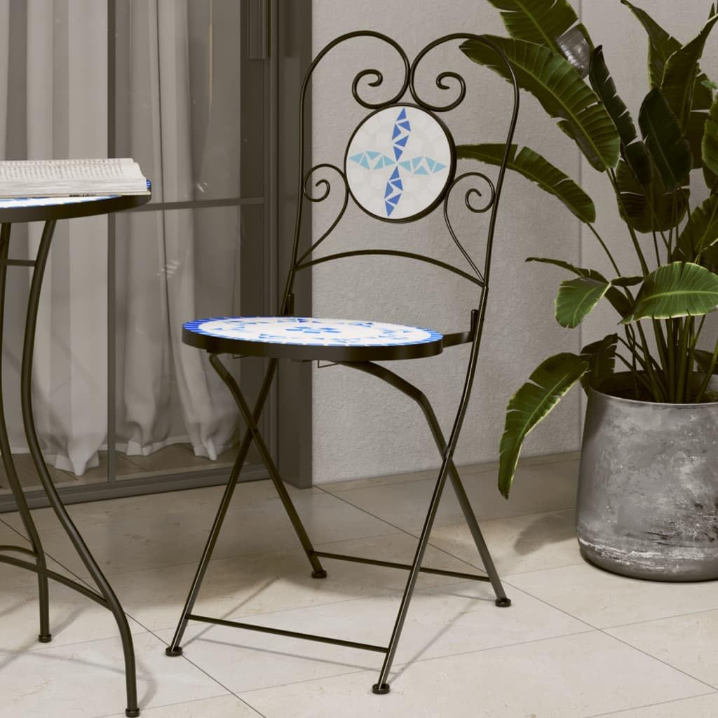 Bistro Chairs Foldable 2 pcs Blue and White Ceramic,Exquisite Mosaic Bistro Chairs: for Your Garden, Patio, and Indoor Decor Outdoor Furniture, Outdoor Chairs