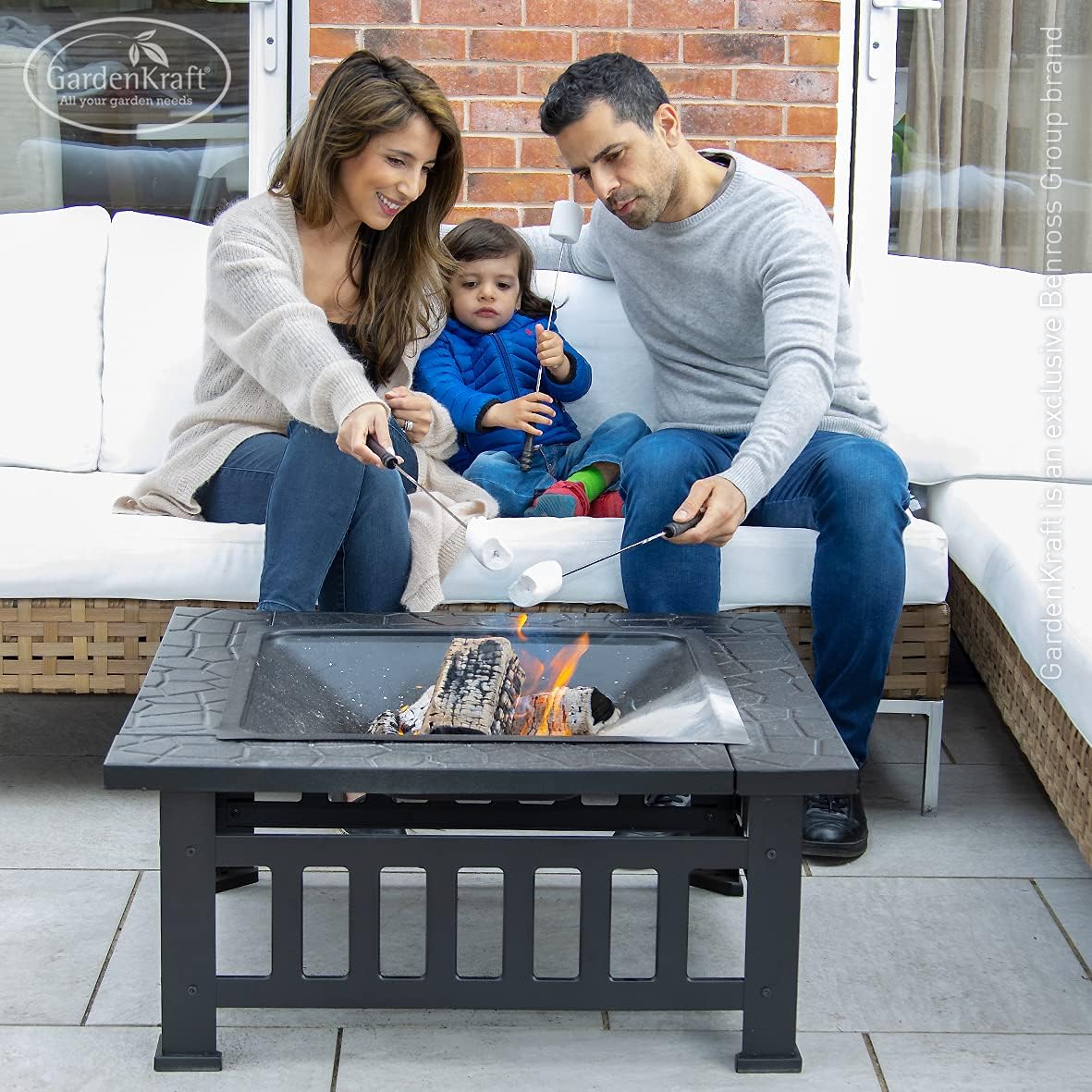 19609 3 in 1 Outdoor BBQ, Firepit & Ice Bucket/Stylish Outdoor Heater With Table Space/Burn Logs Or Charcoal/Includes Mesh Pit Cover, Stoker & PVC Grill Cover / 81cm x 81cm x 53cm