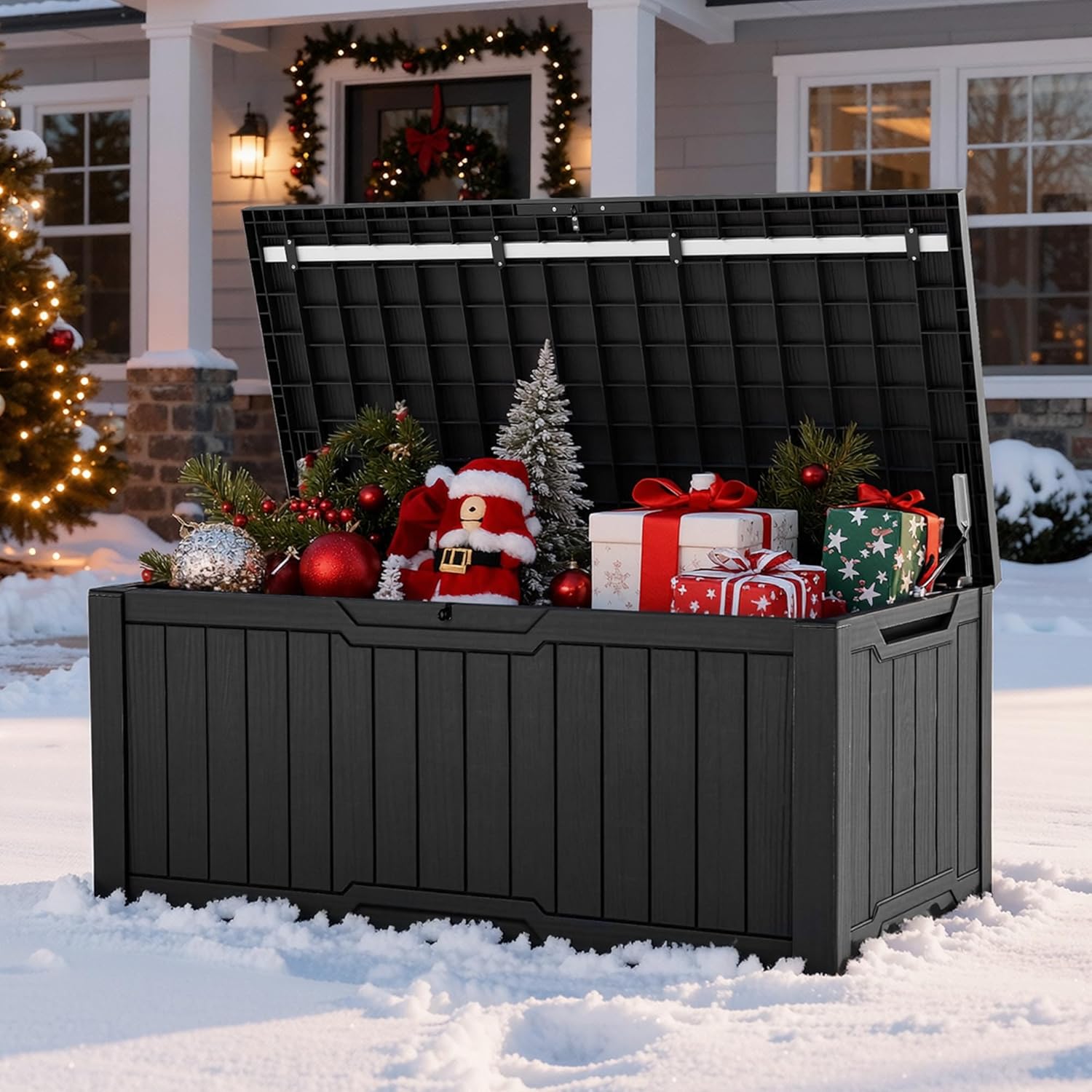 DWVO 120 Gallon Large Deck Box, Outdoor Lockable Storage Bin for Gardening Tools, Patio Cushions, Waterproof Resin Storage Box(Black)