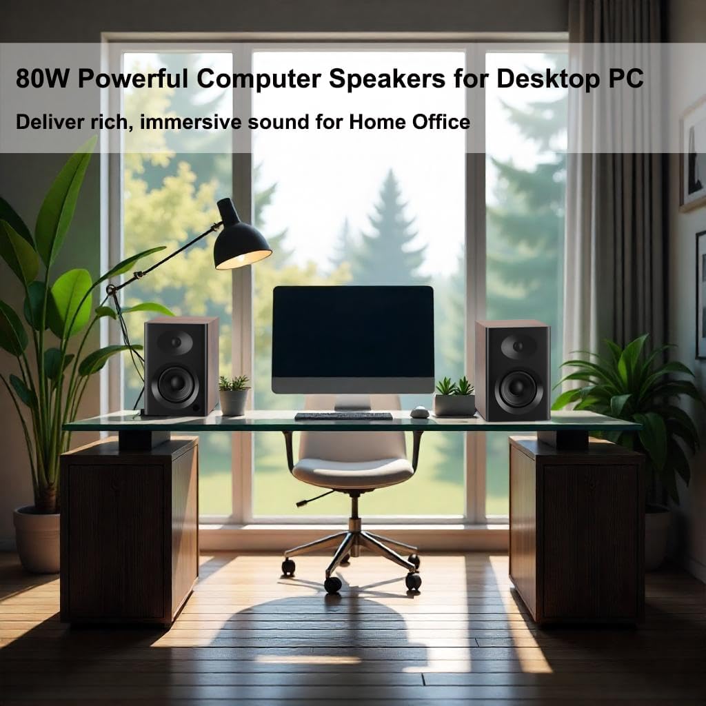Computer Speakers for Desktop PC, 4 inches 80 Watts Computer Speaker with Bass, HiFi Audio for Gaming, Monitors, Laptop, TV, Gaming & Record Player, Gifts, Walnut Pair